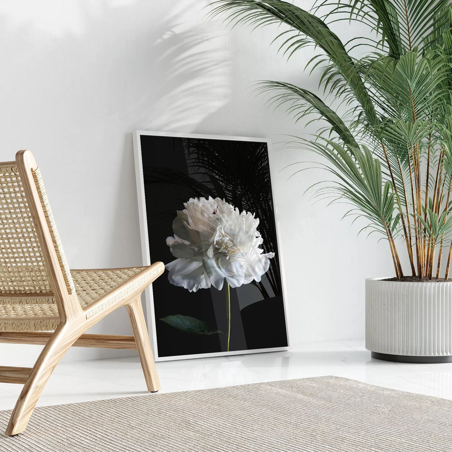 黒背景に咲く純白の牡丹の花 モダンでミニマルなボタニカルアート