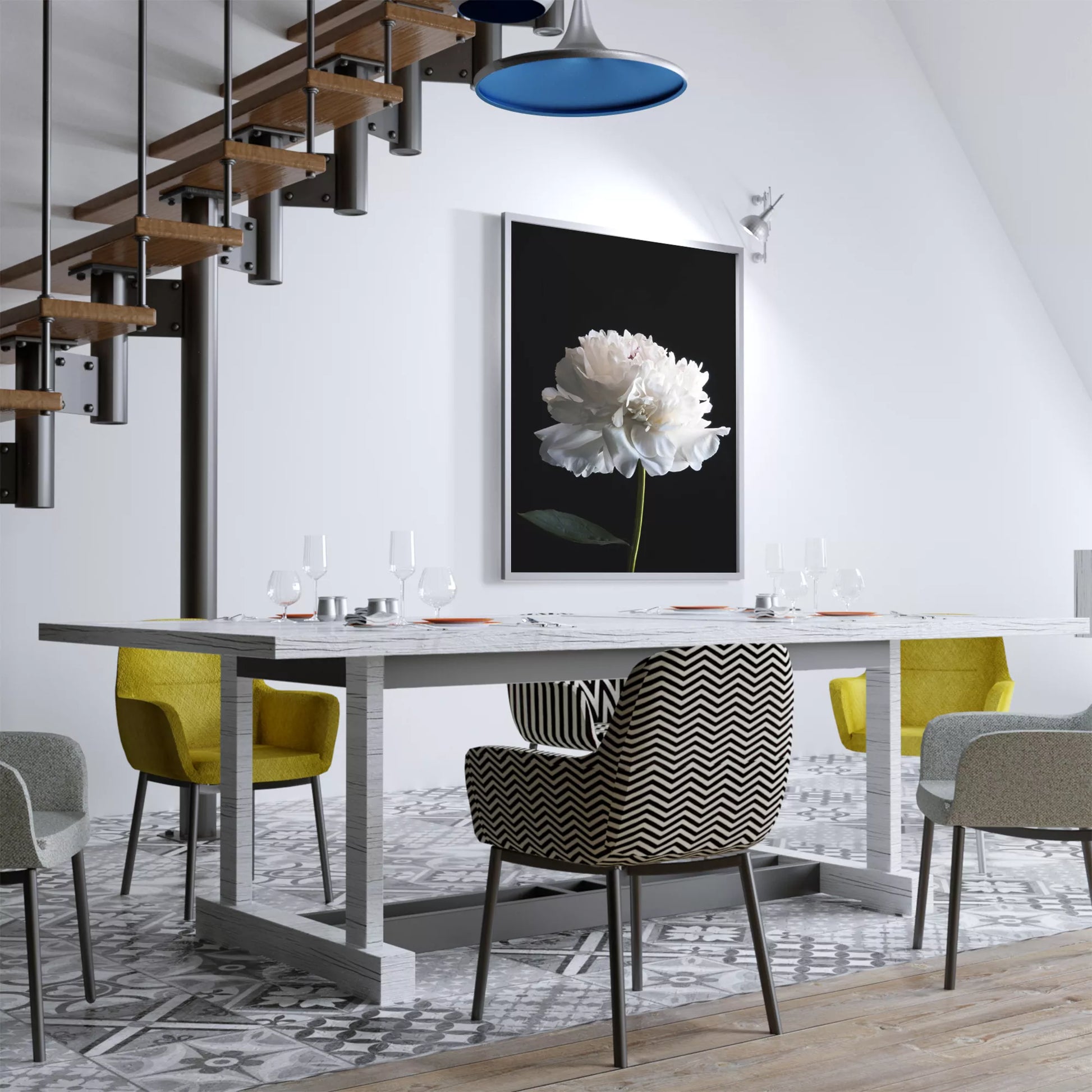 黒背景に咲く純白の牡丹の花 モダンでミニマルなボタニカルアート