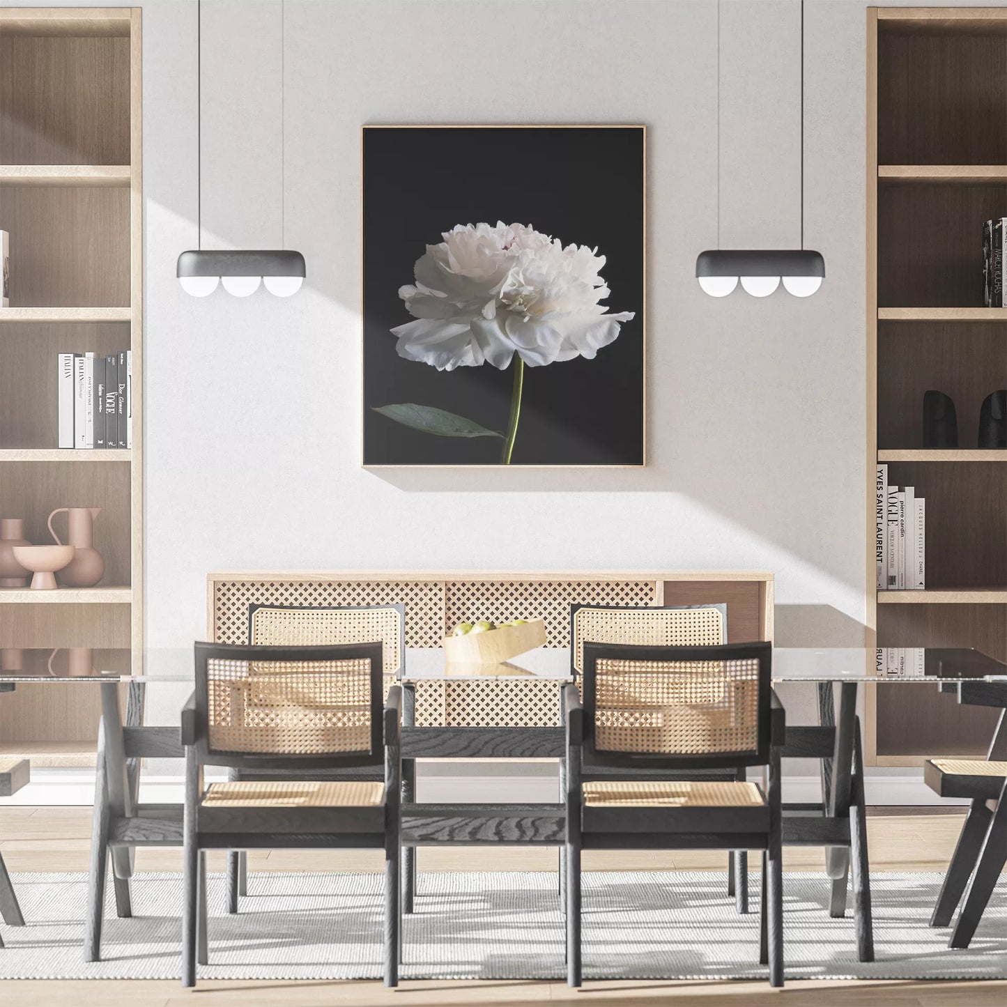 黒背景に咲く純白の牡丹の花 モダンでミニマルなボタニカルアート