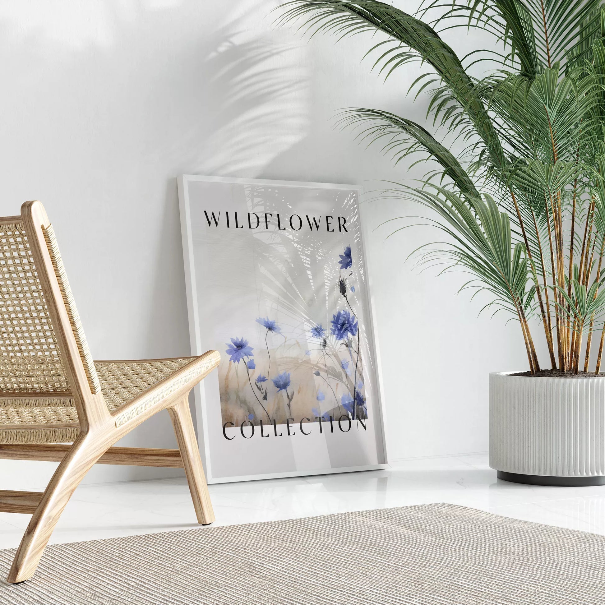 青い野花のボタニカルアートポスター、タイポグラフィーデザイン
