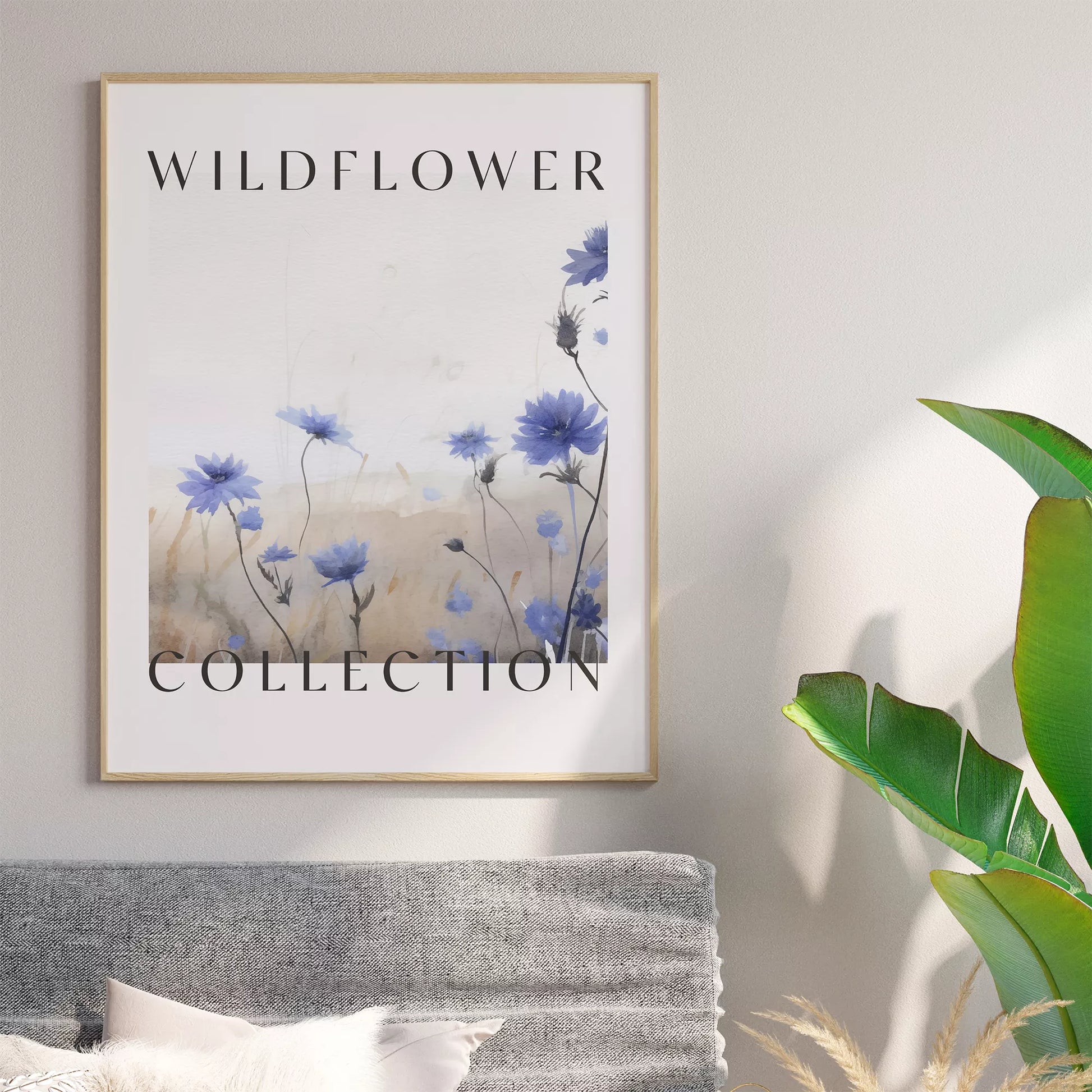 青い野花のボタニカルアートポスター、タイポグラフィーデザイン