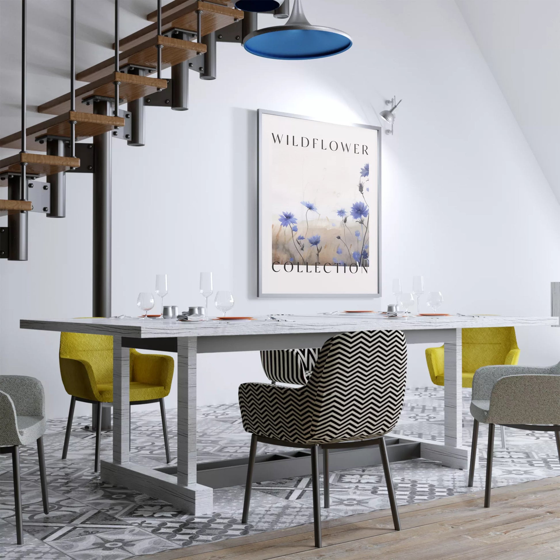 青い野花のボタニカルアートポスター、タイポグラフィーデザイン