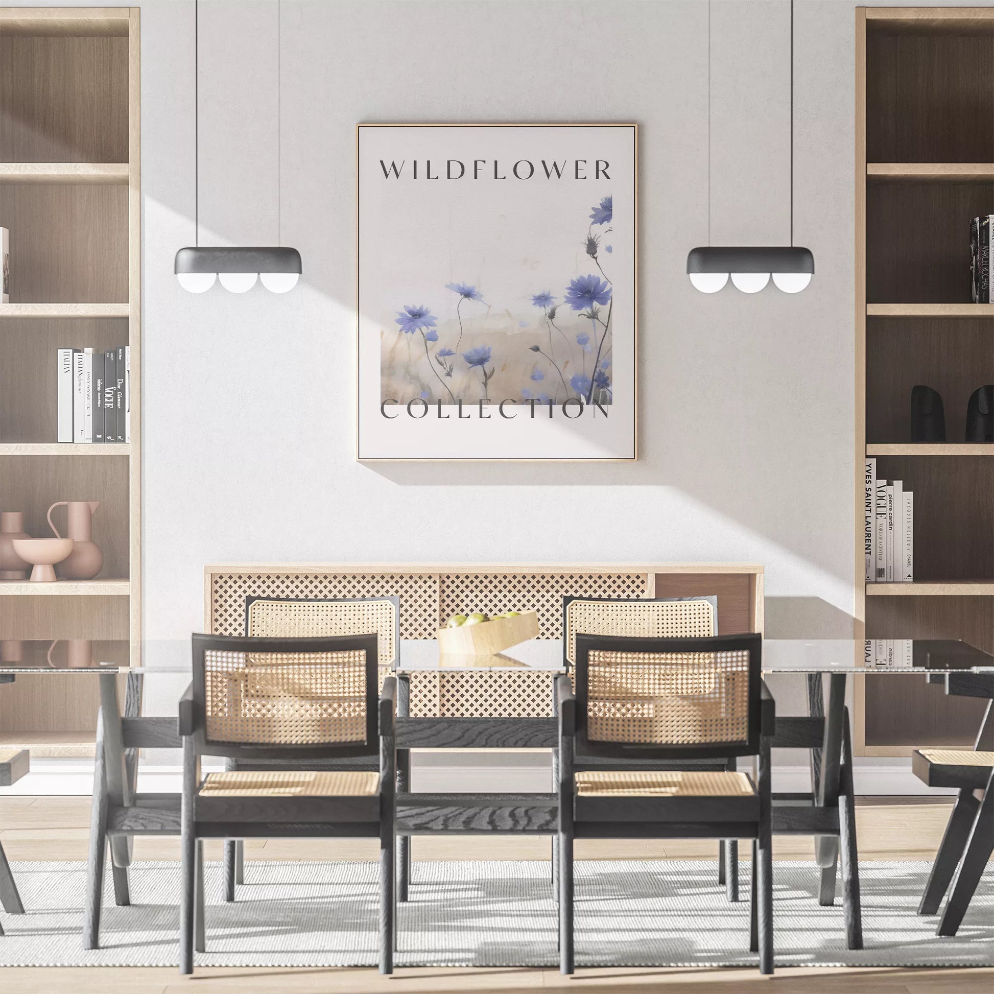 青い野花のボタニカルアートポスター、タイポグラフィーデザイン