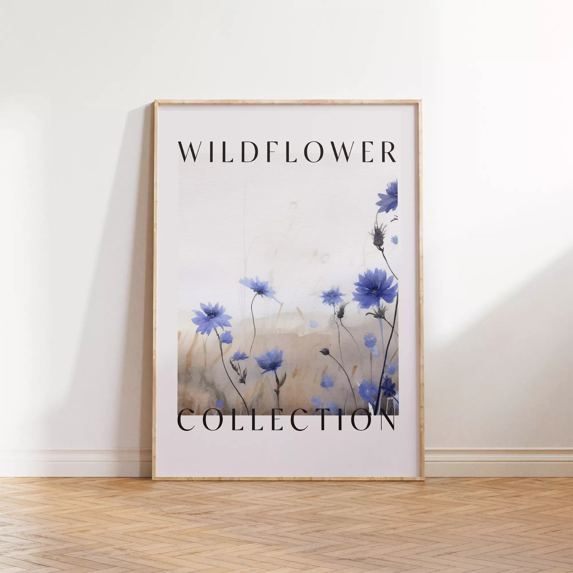 青い野花のボタニカルアートポスター、タイポグラフィーデザイン