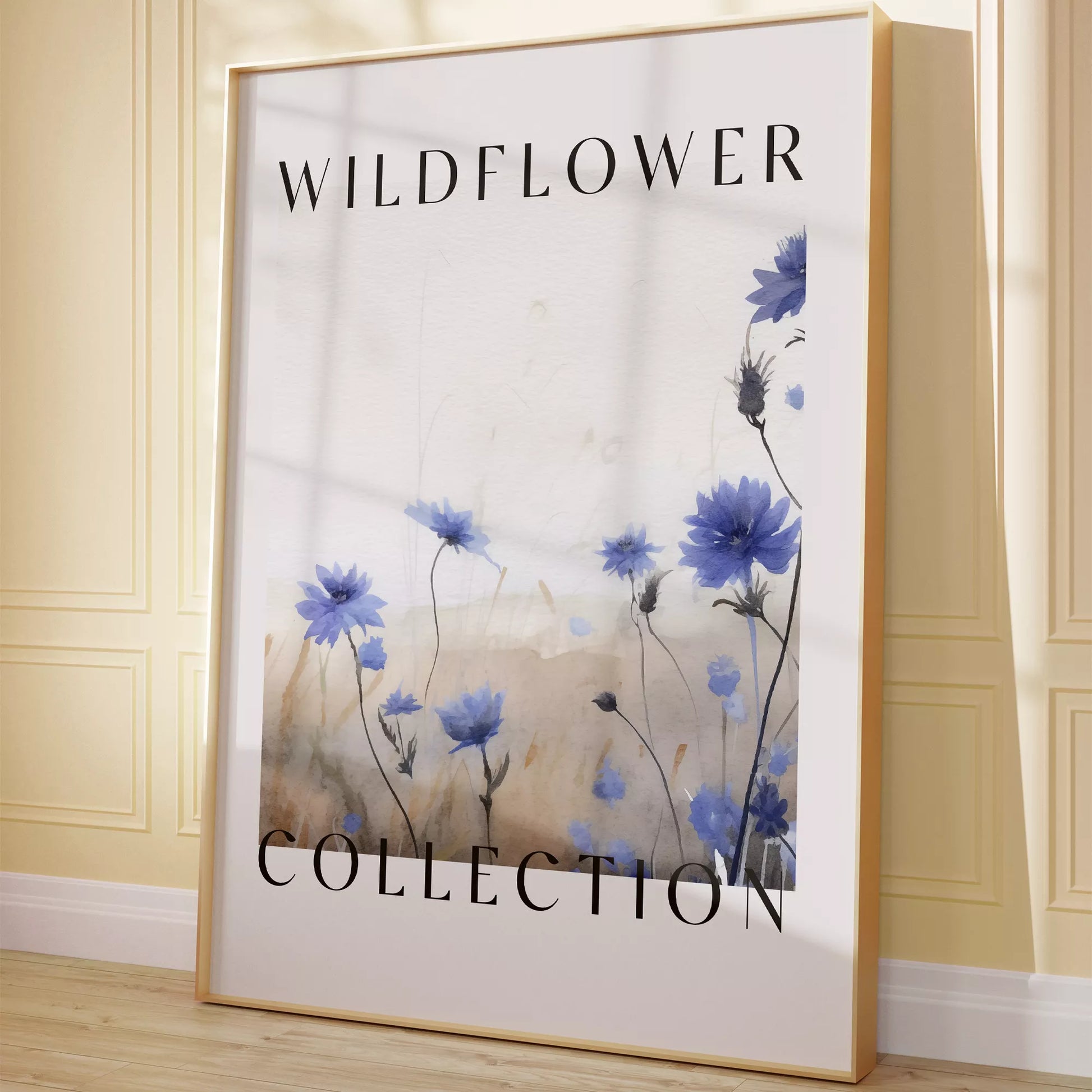 青い野花のボタニカルアートポスター、タイポグラフィーデザイン