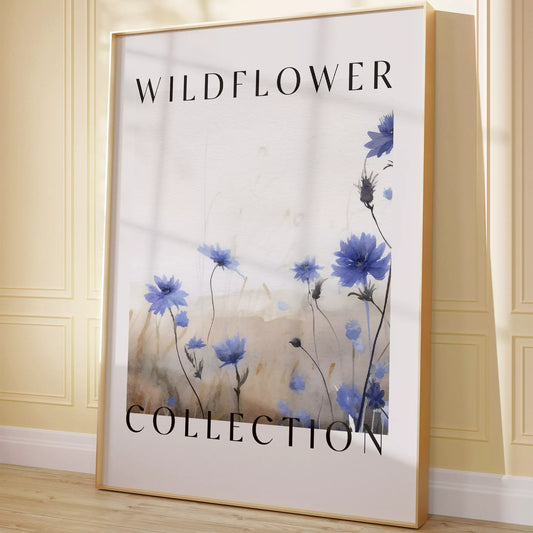 青い野花のボタニカルアートポスター、タイポグラフィーデザイン