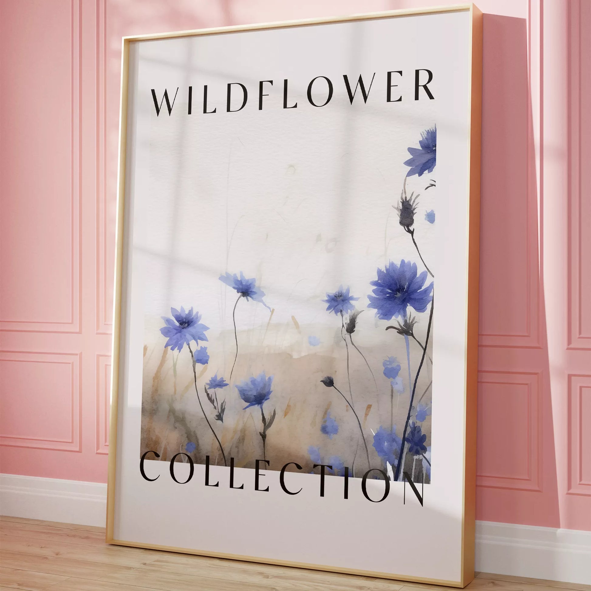 青い野花のボタニカルアートポスター、タイポグラフィーデザイン