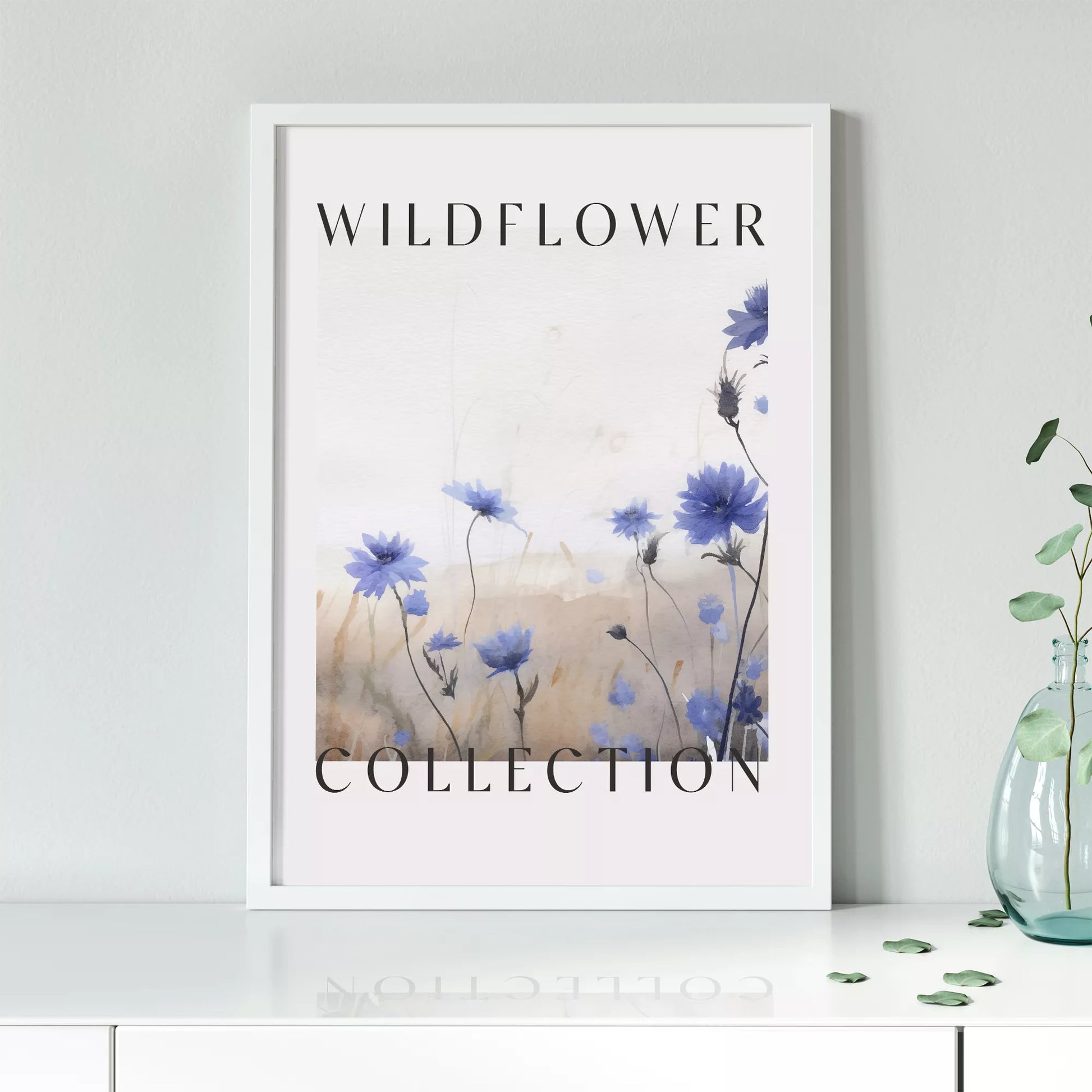 青い野花のボタニカルアートポスター、タイポグラフィーデザイン