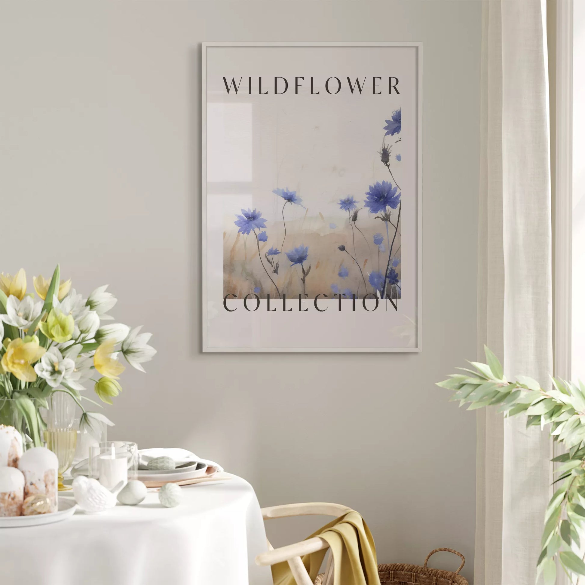 青い野花のボタニカルアートポスター、タイポグラフィーデザイン