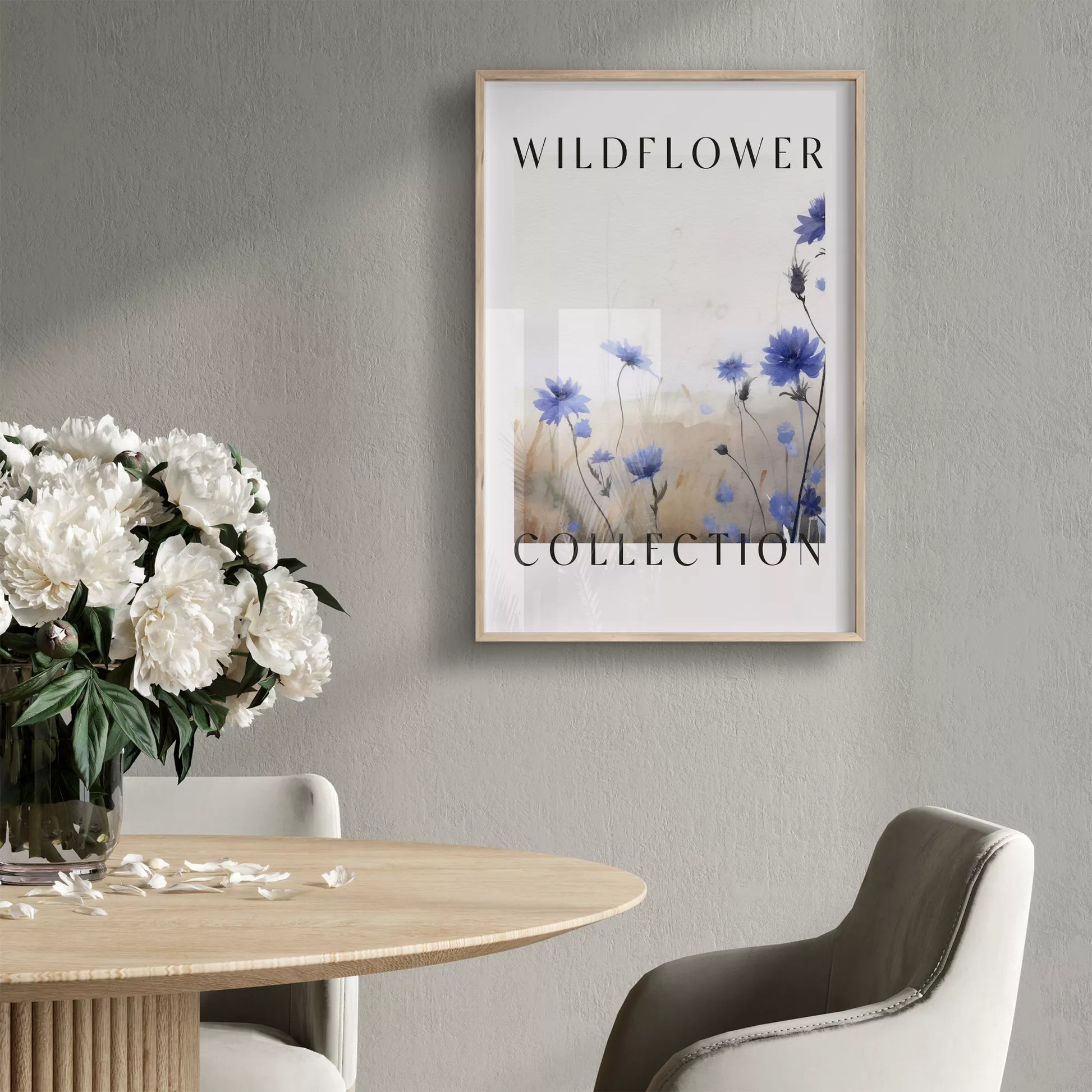 青い野花のボタニカルアートポスター、タイポグラフィーデザイン