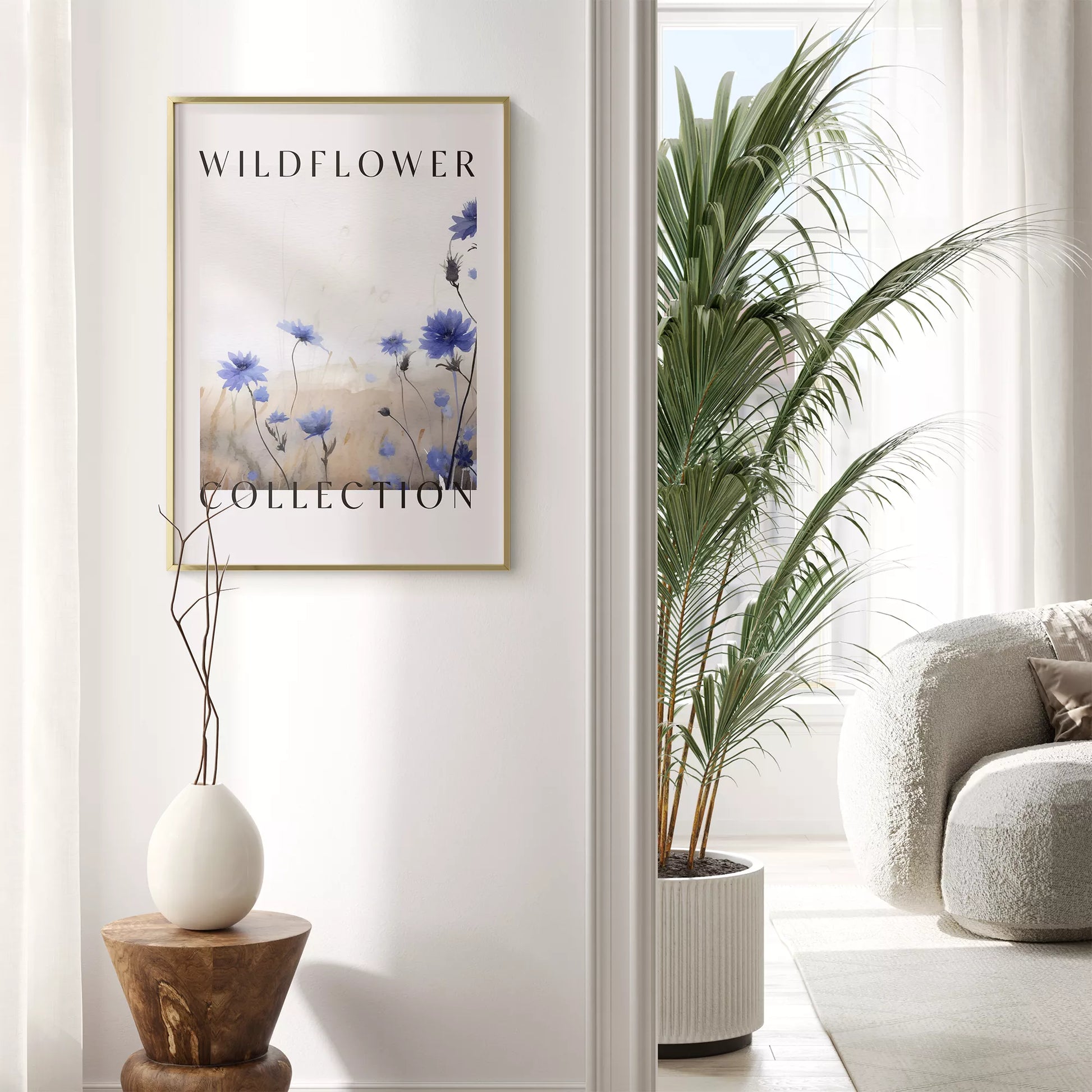 青い野花のボタニカルアートポスター、タイポグラフィーデザイン
