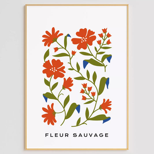 北欧デザインのオレンジ花ボタニカル アートポスター シンプルモダン