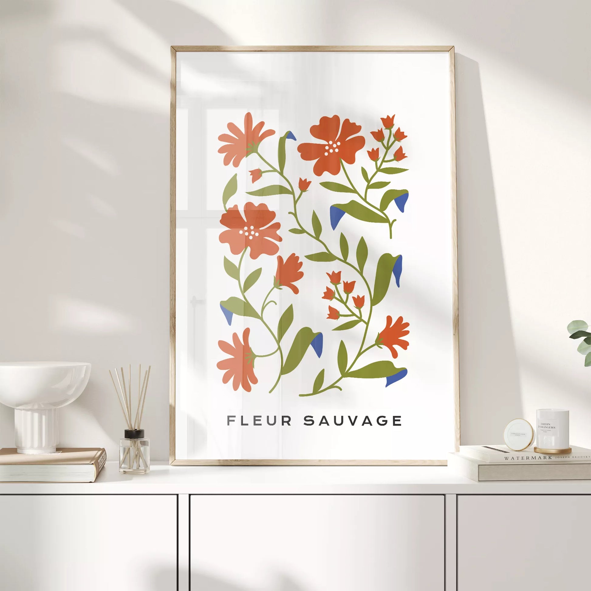 北欧デザインのオレンジ花ボタニカル アートポスター シンプルモダン