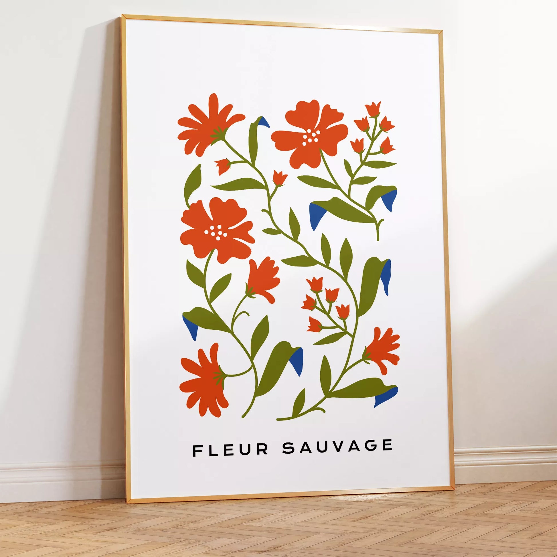 北欧デザインのオレンジ花ボタニカル アートポスター シンプルモダン