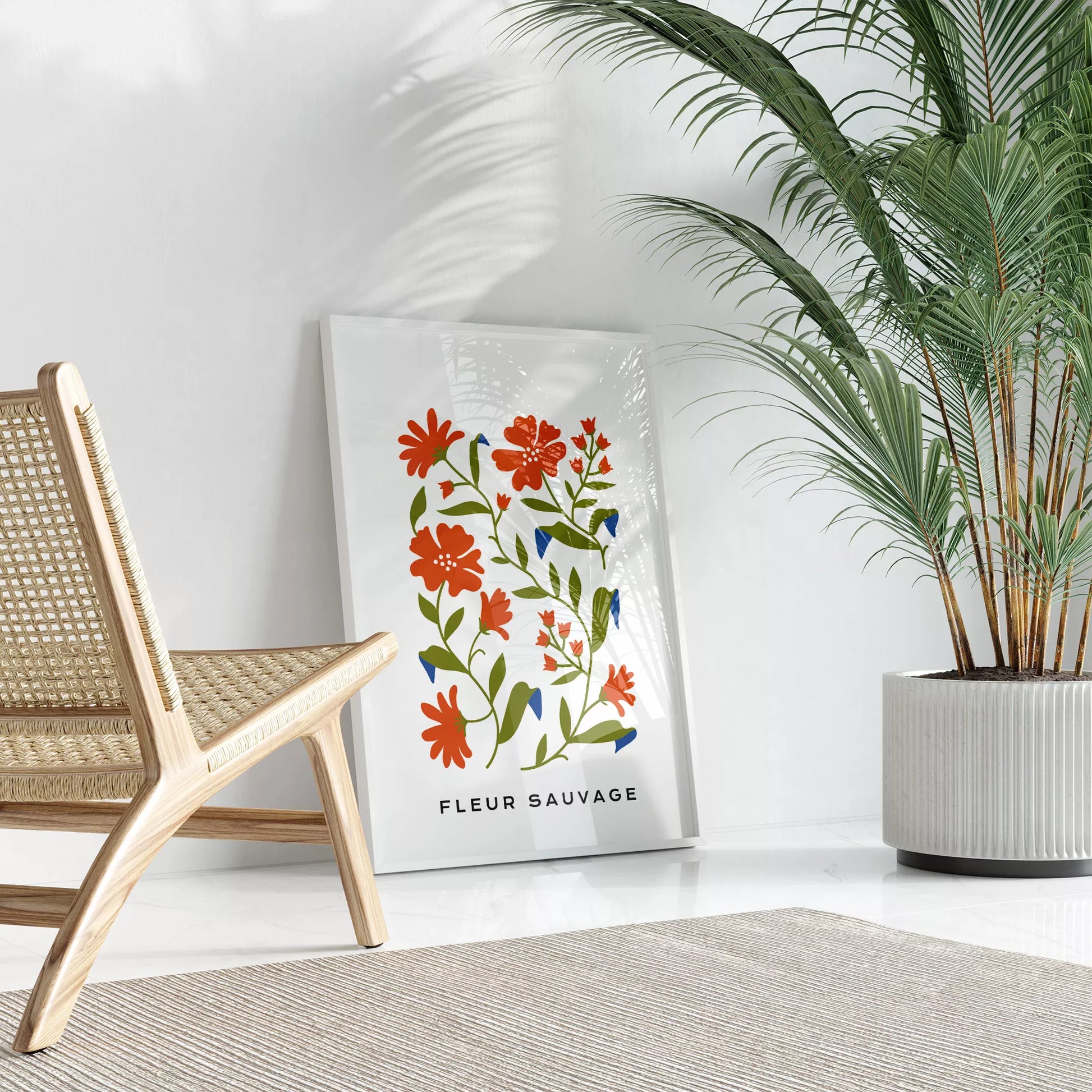 北欧デザインのオレンジ花ボタニカル アートポスター シンプルモダン