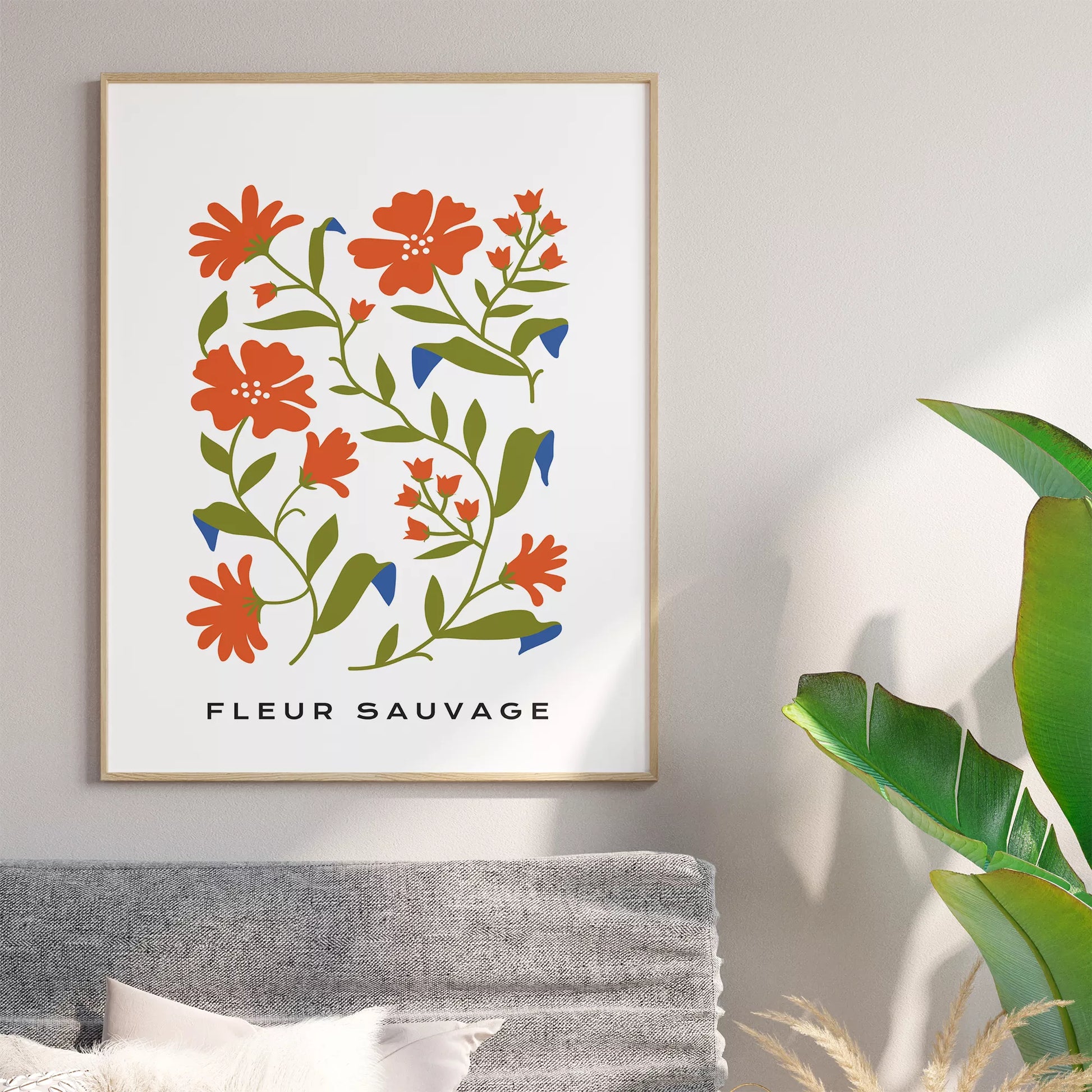 北欧デザインのオレンジ花ボタニカル アートポスター シンプルモダン
