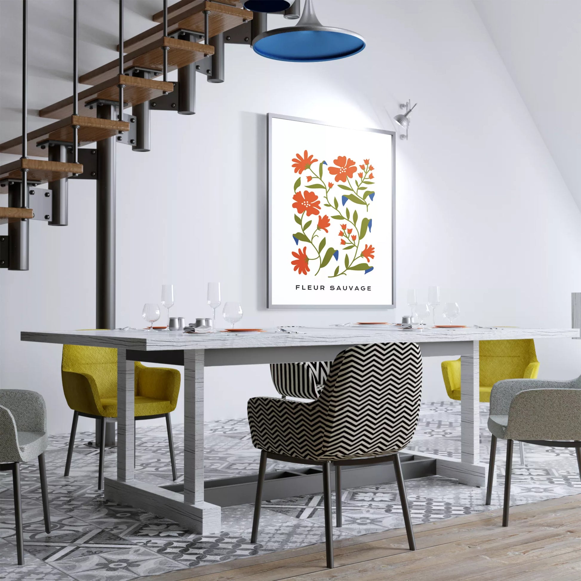 北欧デザインのオレンジ花ボタニカル アートポスター シンプルモダン