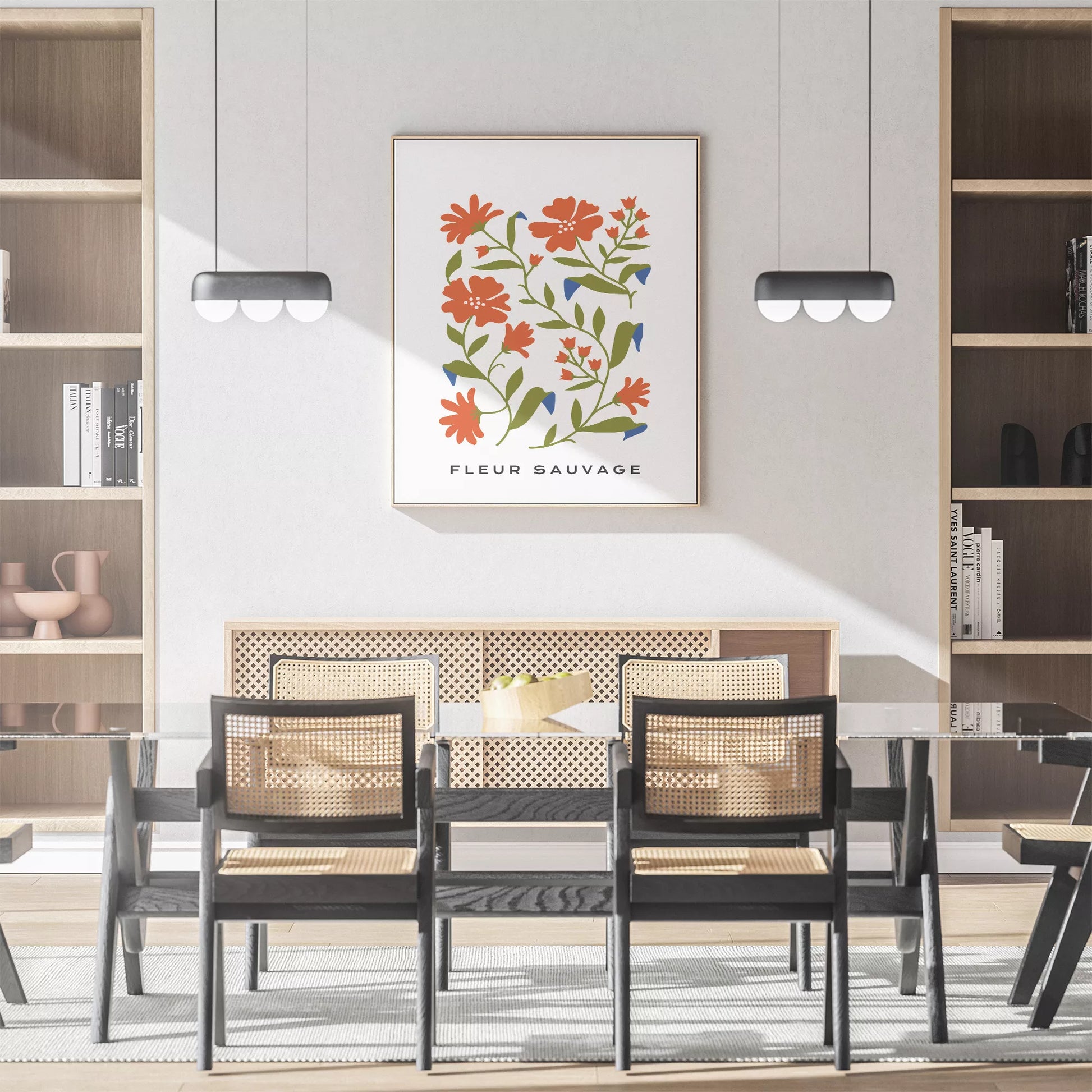 北欧デザインのオレンジ花ボタニカル アートポスター シンプルモダン