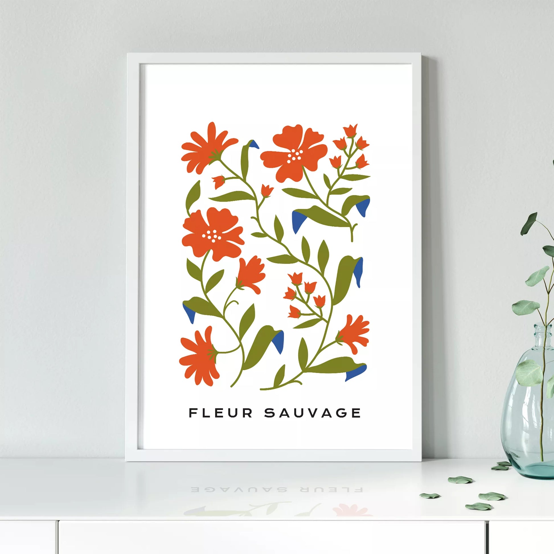 北欧デザインのオレンジ花ボタニカル アートポスター シンプルモダン