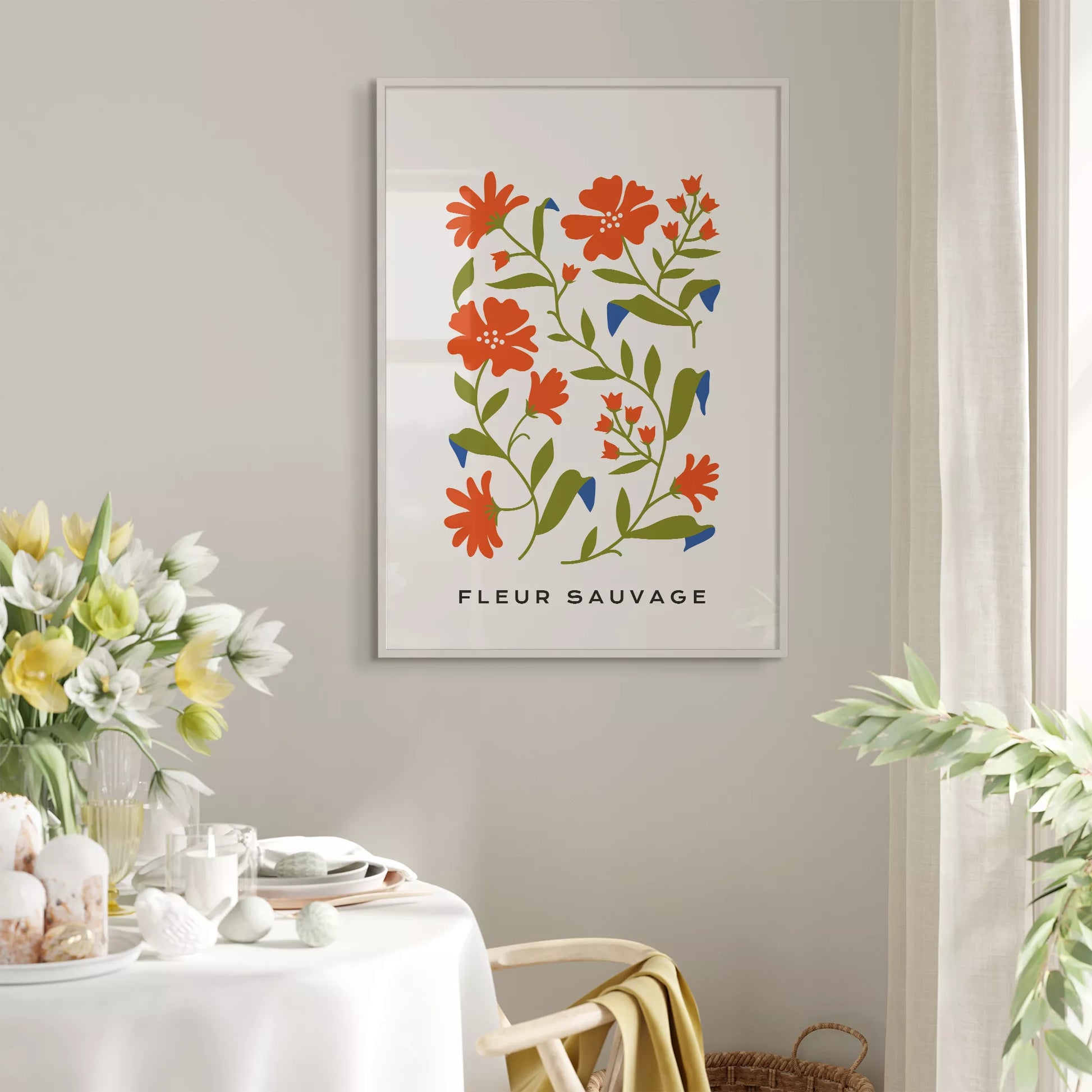 北欧デザインのオレンジ花ボタニカル アートポスター シンプルモダン