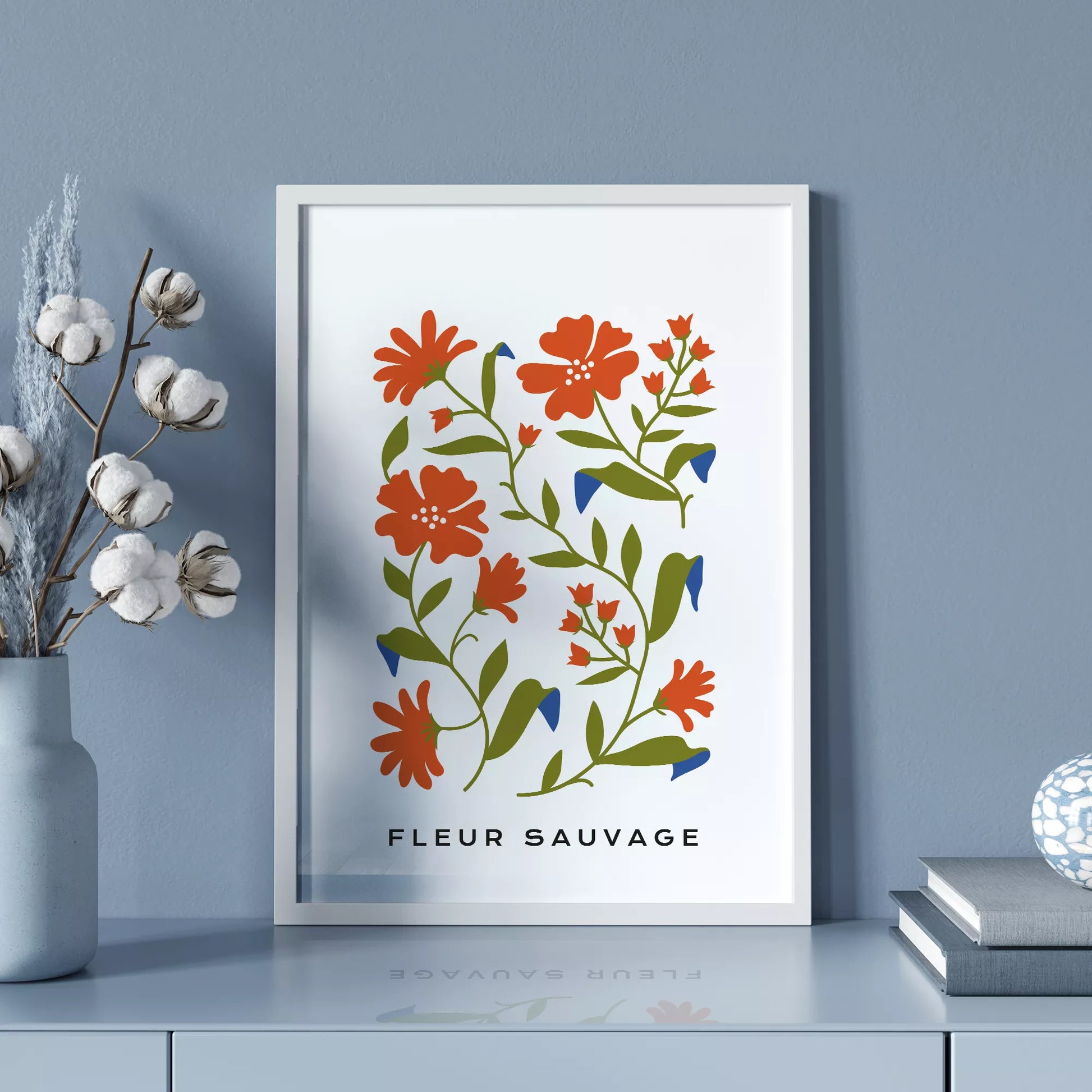 北欧デザインのオレンジ花ボタニカル アートポスター シンプルモダン