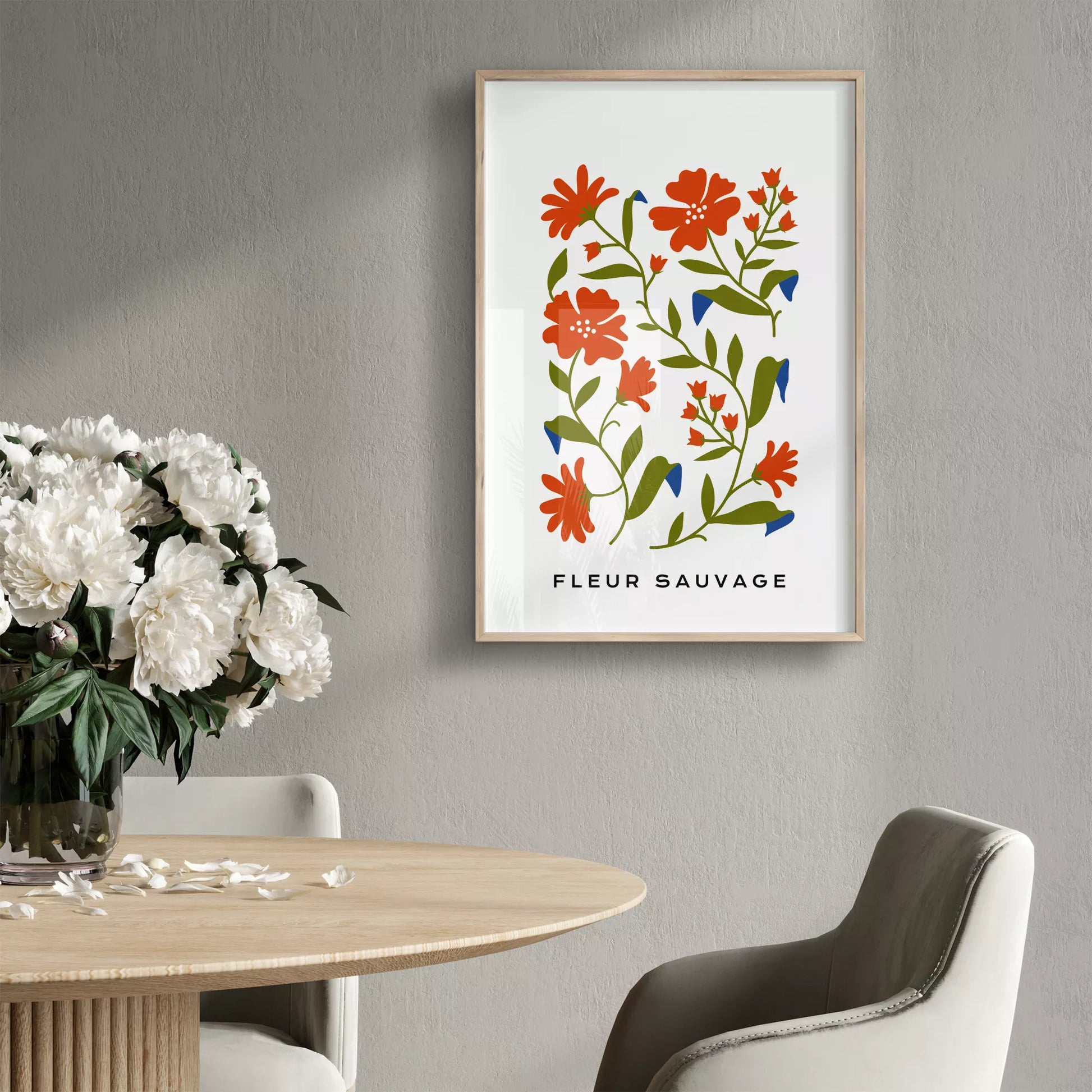 北欧デザインのオレンジ花ボタニカル アートポスター シンプルモダン