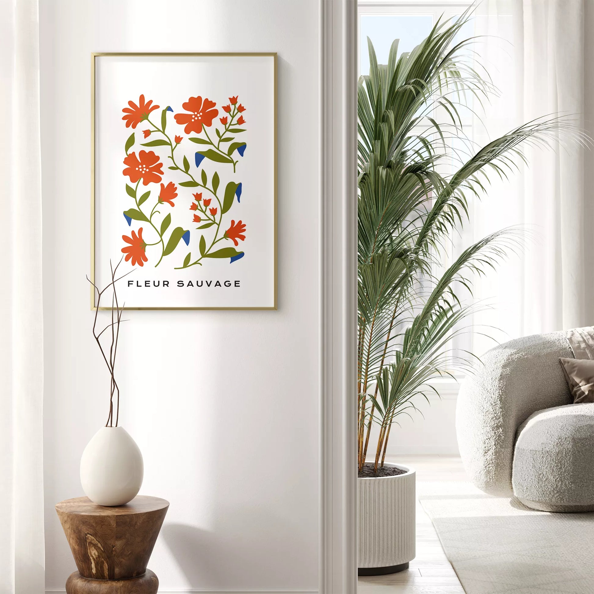 北欧デザインのオレンジ花ボタニカル アートポスター シンプルモダン