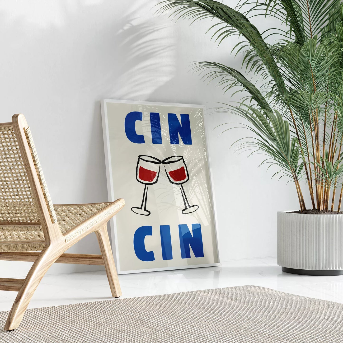 クリーム色の背景にブルーの「CIN CIN」の文字とシンプルな線画で描かれた赤ワインの乾杯グラスを配したミニマリストアートポスター