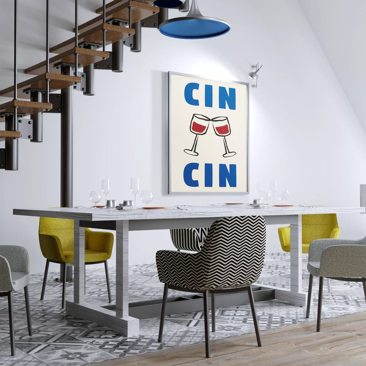 クリーム色の背景にブルーの「CIN CIN」の文字とシンプルな線画で描かれた赤ワインの乾杯グラスを配したミニマリストアートポスター