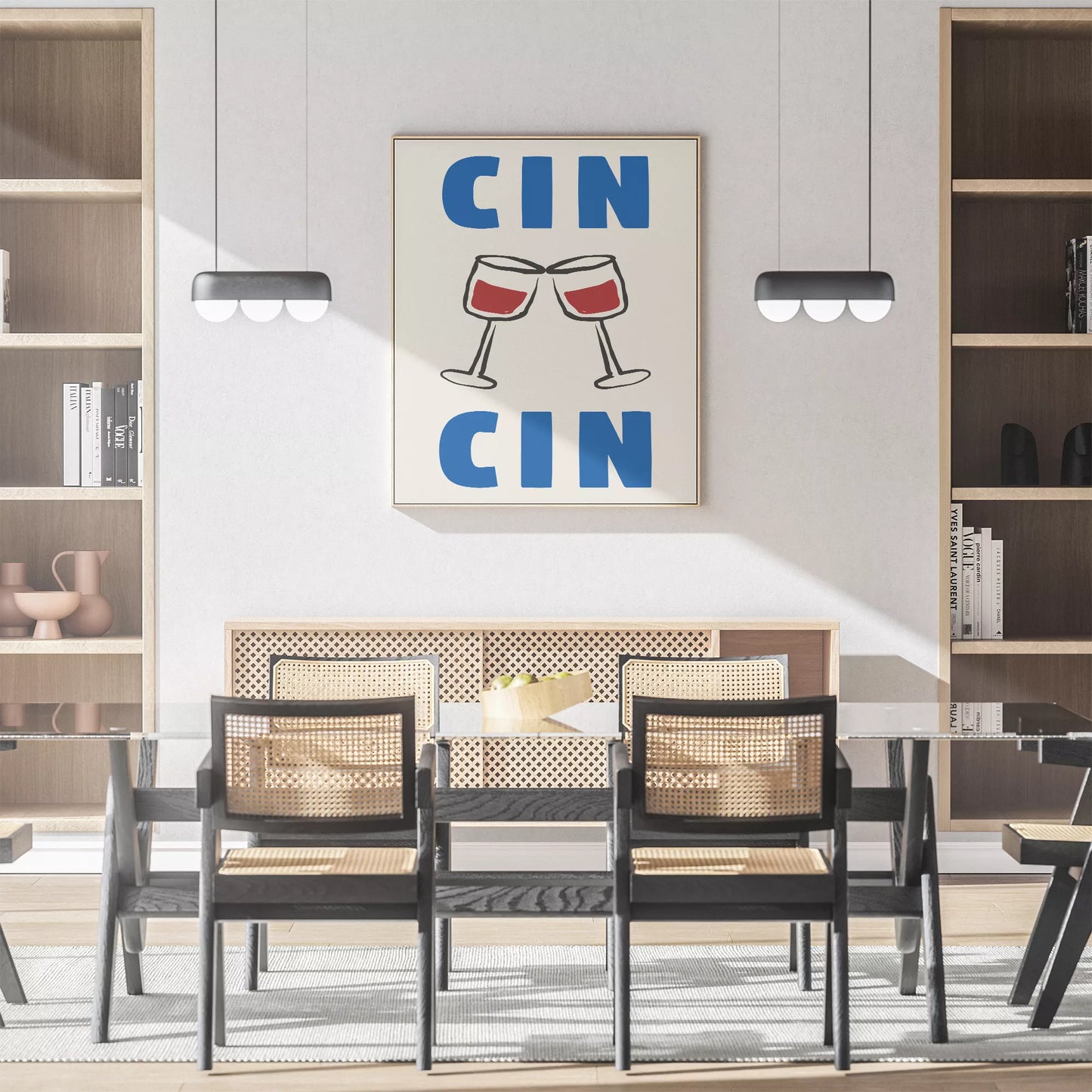 クリーム色の背景にブルーの「CIN CIN」の文字とシンプルな線画で描かれた赤ワインの乾杯グラスを配したミニマリストアートポスター