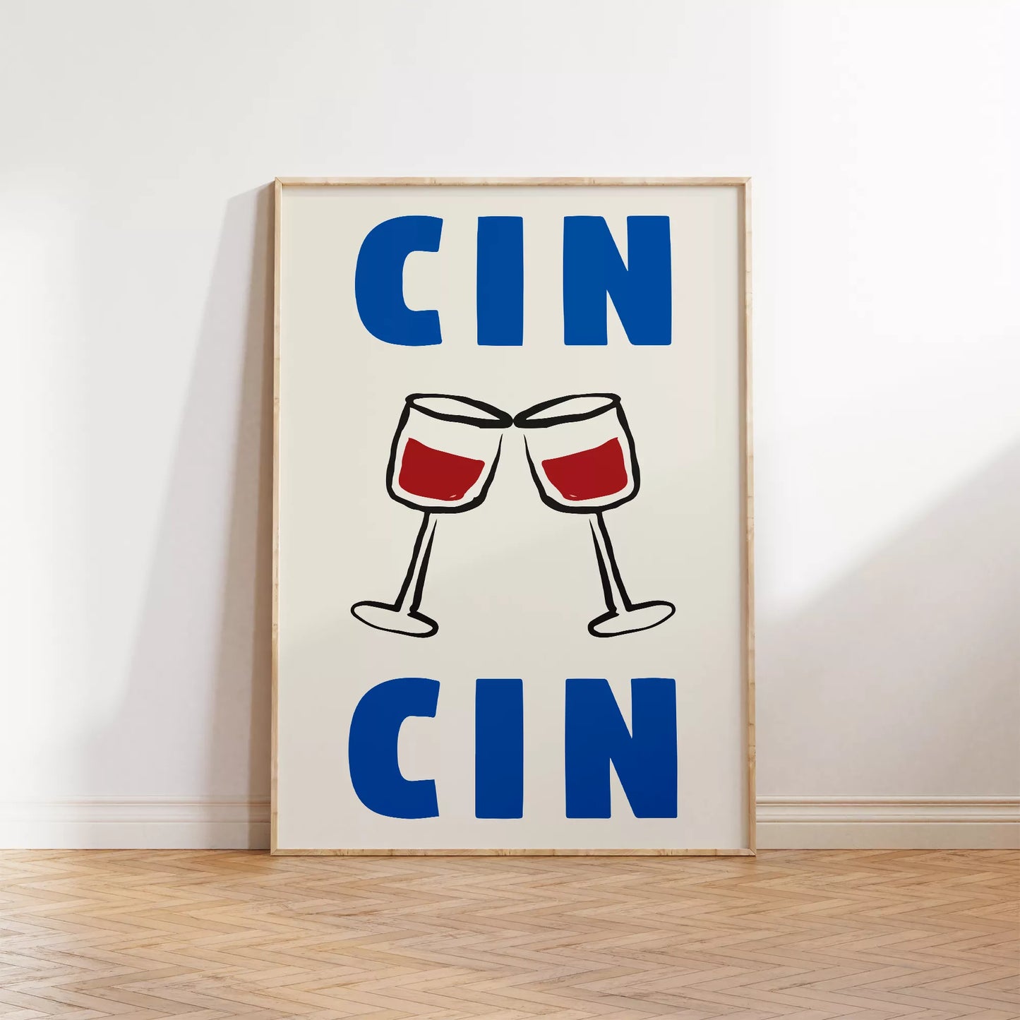 クリーム色の背景にブルーの「CIN CIN」の文字とシンプルな線画で描かれた赤ワインの乾杯グラスを配したミニマリストアートポスター