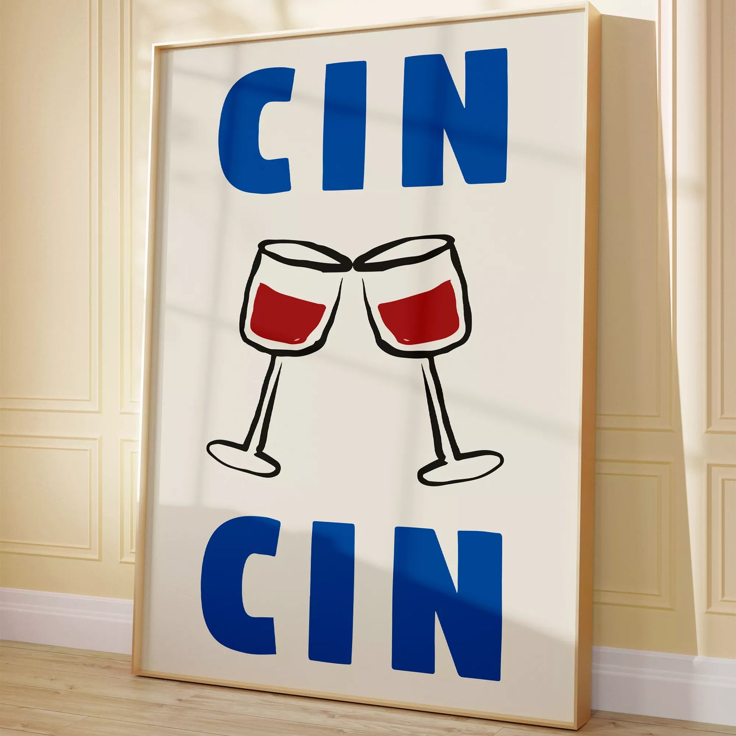 クリーム色の背景にブルーの「CIN CIN」の文字とシンプルな線画で描かれた赤ワインの乾杯グラスを配したミニマリストアートポスター