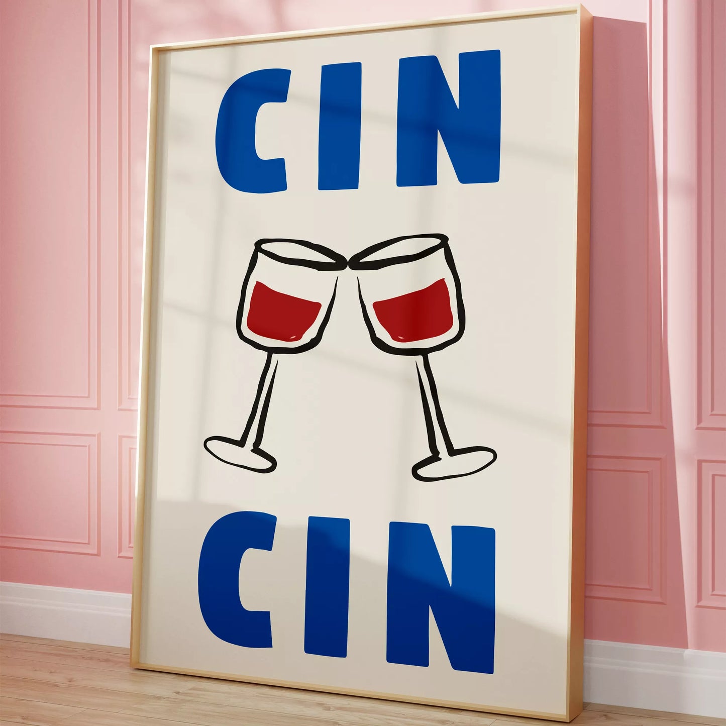 クリーム色の背景にブルーの「CIN CIN」の文字とシンプルな線画で描かれた赤ワインの乾杯グラスを配したミニマリストアートポスター