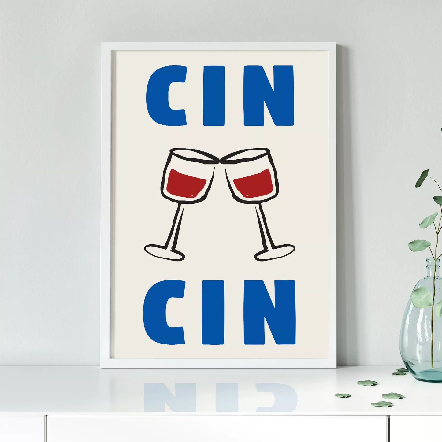 クリーム色の背景にブルーの「CIN CIN」の文字とシンプルな線画で描かれた赤ワインの乾杯グラスを配したミニマリストアートポスター