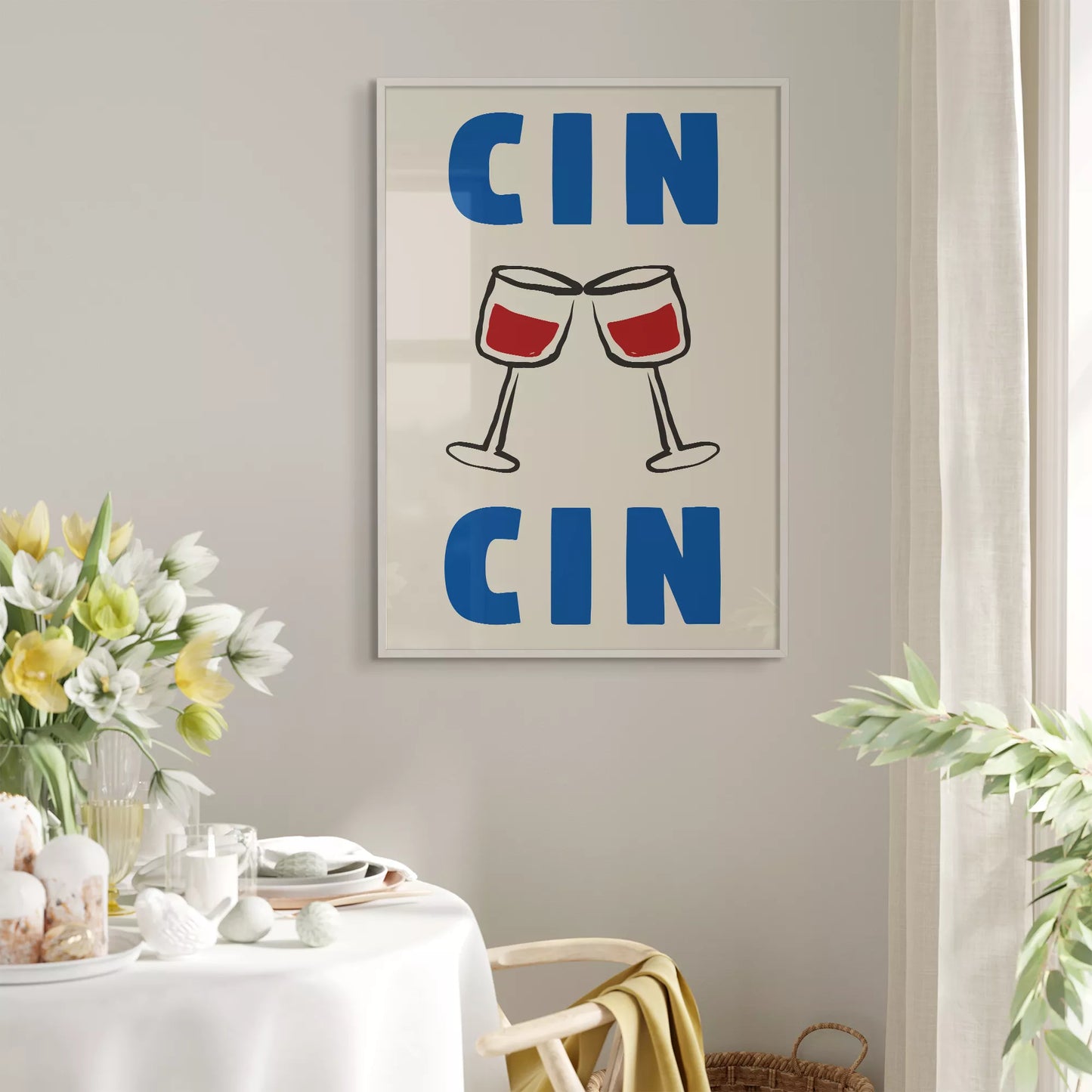 クリーム色の背景にブルーの「CIN CIN」の文字とシンプルな線画で描かれた赤ワインの乾杯グラスを配したミニマリストアートポスター