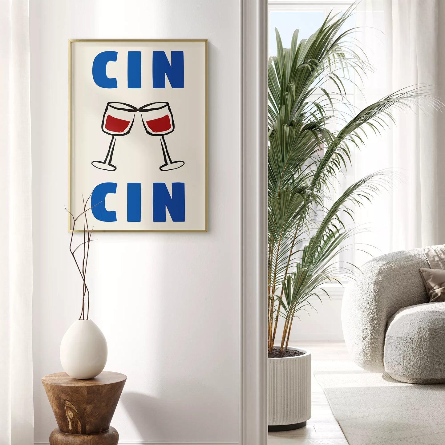 クリーム色の背景にブルーの「CIN CIN」の文字とシンプルな線画で描かれた赤ワインの乾杯グラスを配したミニマリストアートポスター