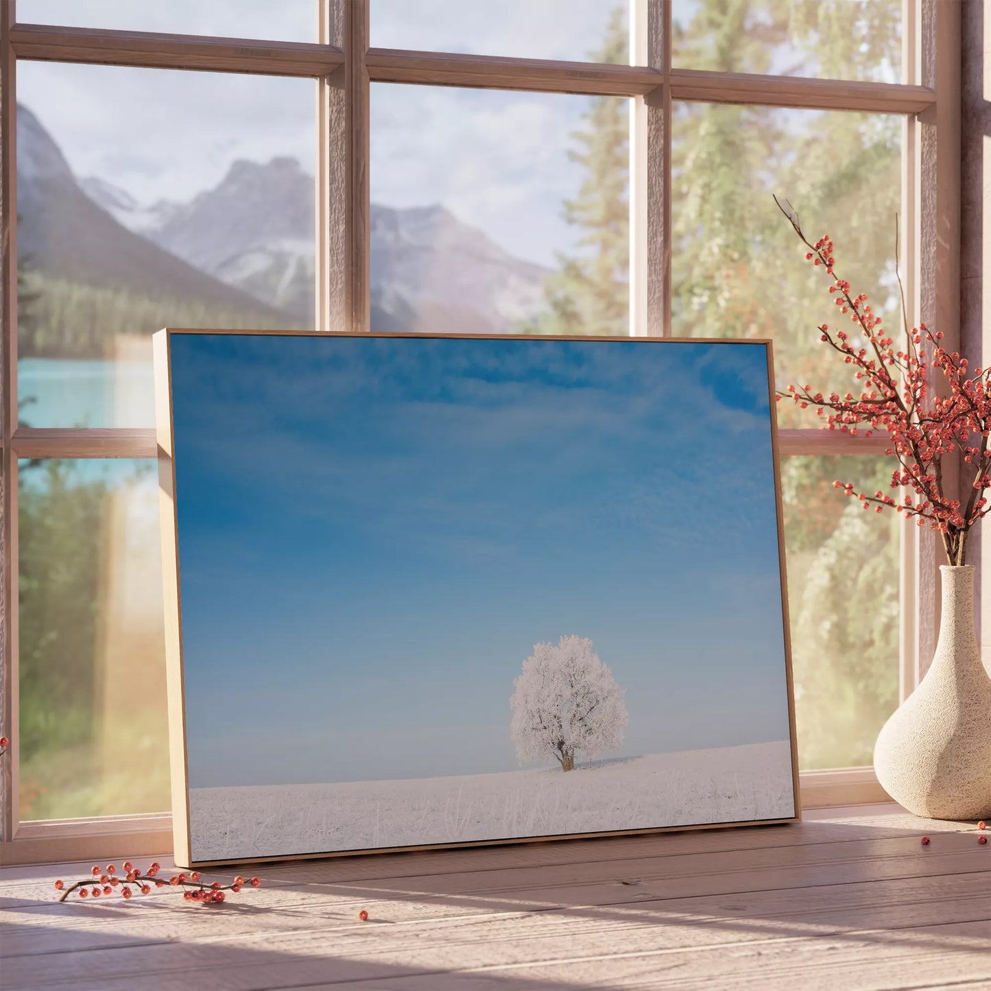 雪原に佇む霜降りの一本木と澄み切った青空の冬景色