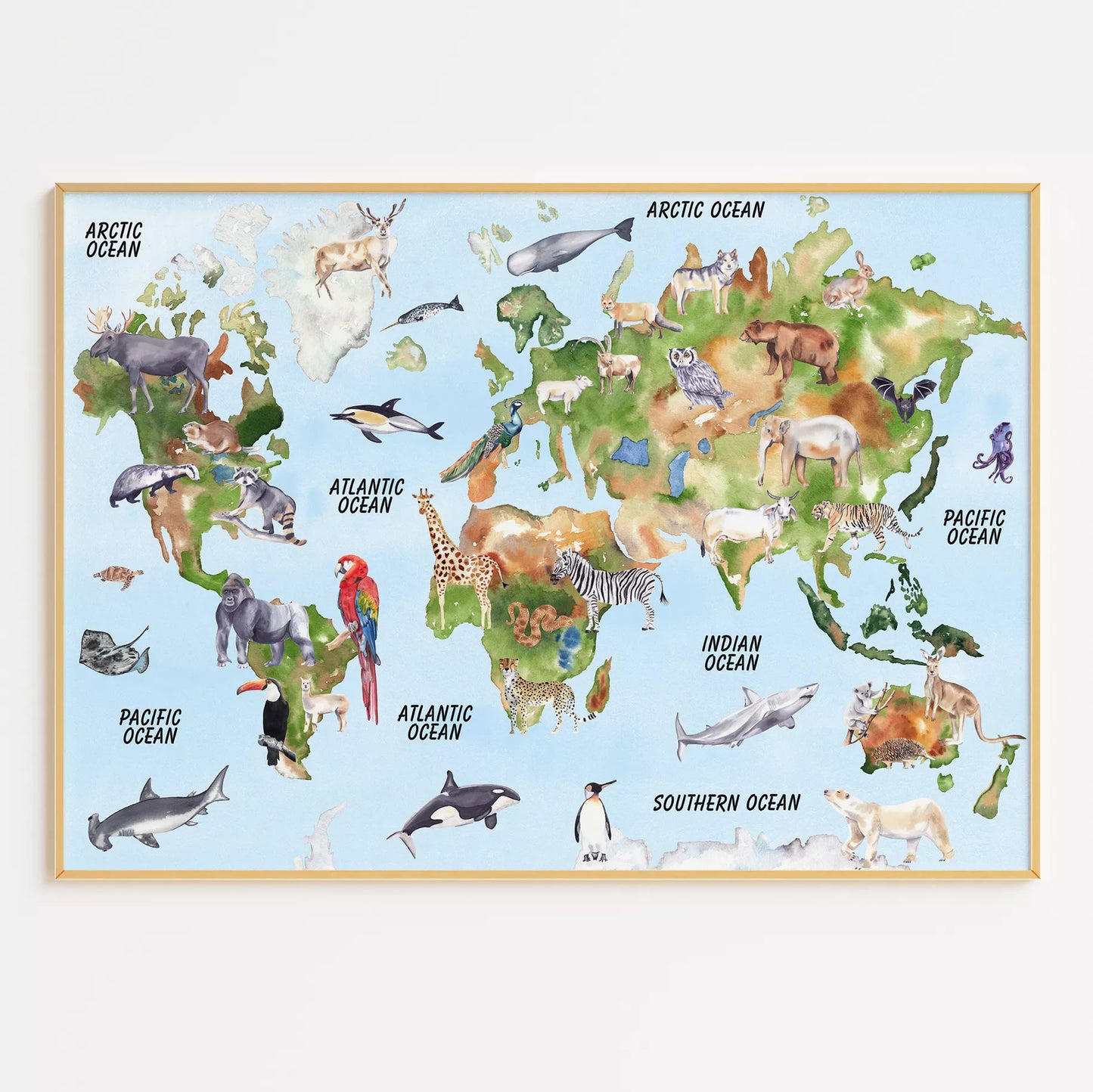 世界中の動物が描かれた楽しいイラスト入り世界地図ポスター