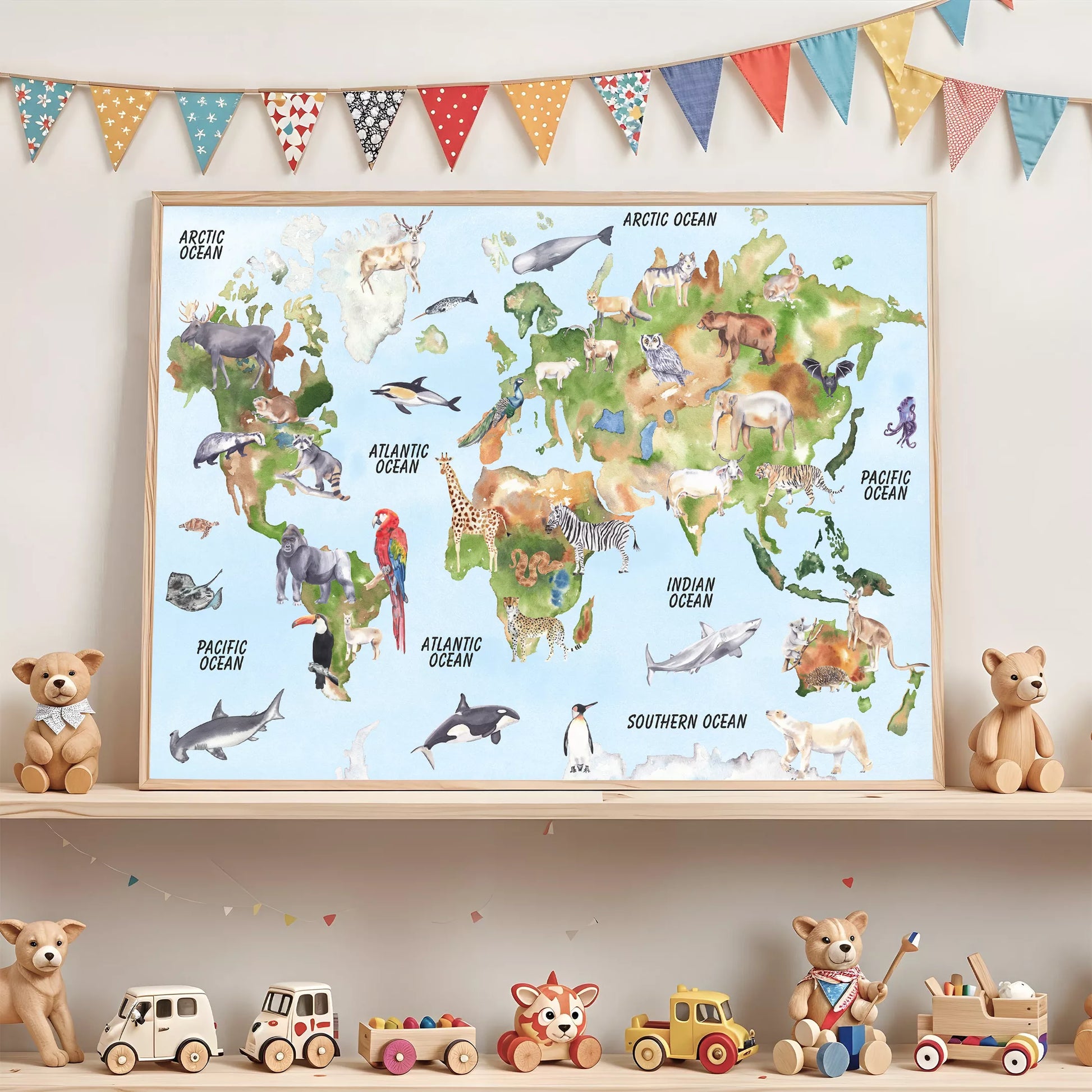 世界中の動物が描かれた楽しいイラスト入り世界地図ポスター