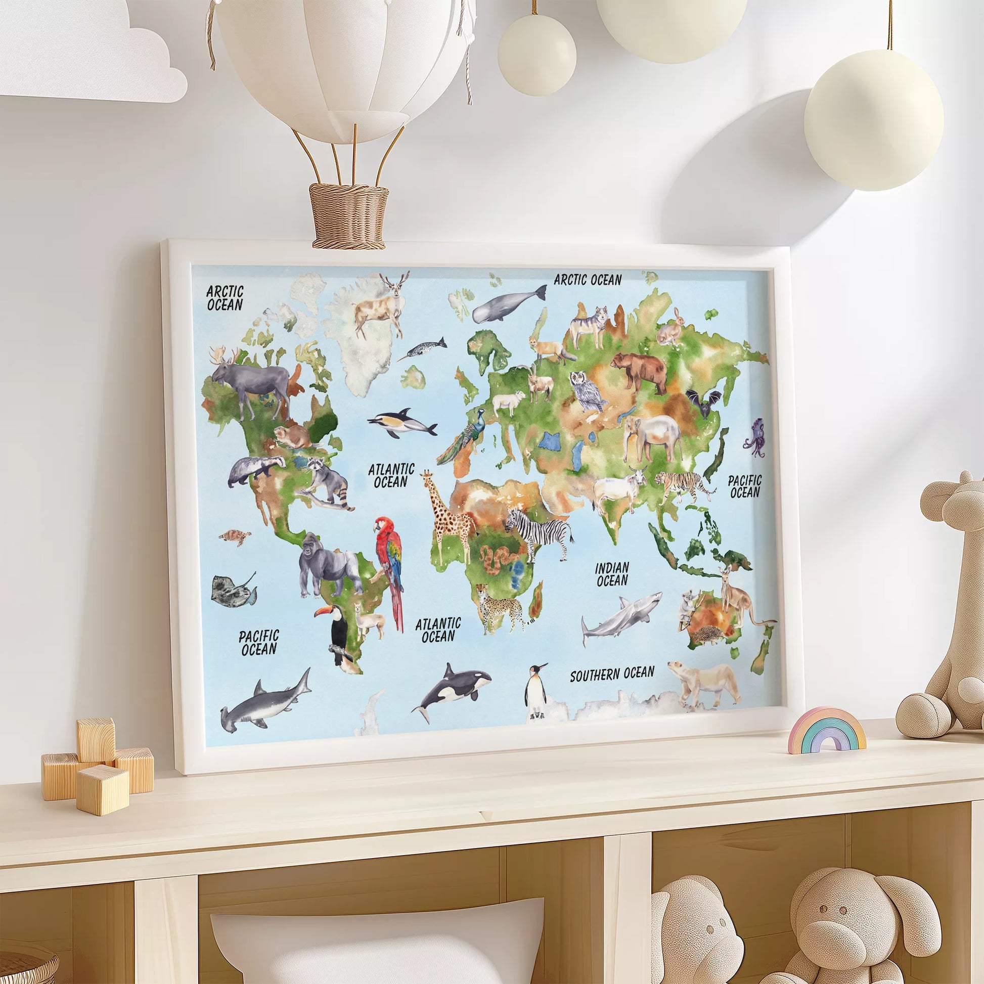 世界中の動物が描かれた楽しいイラスト入り世界地図ポスター