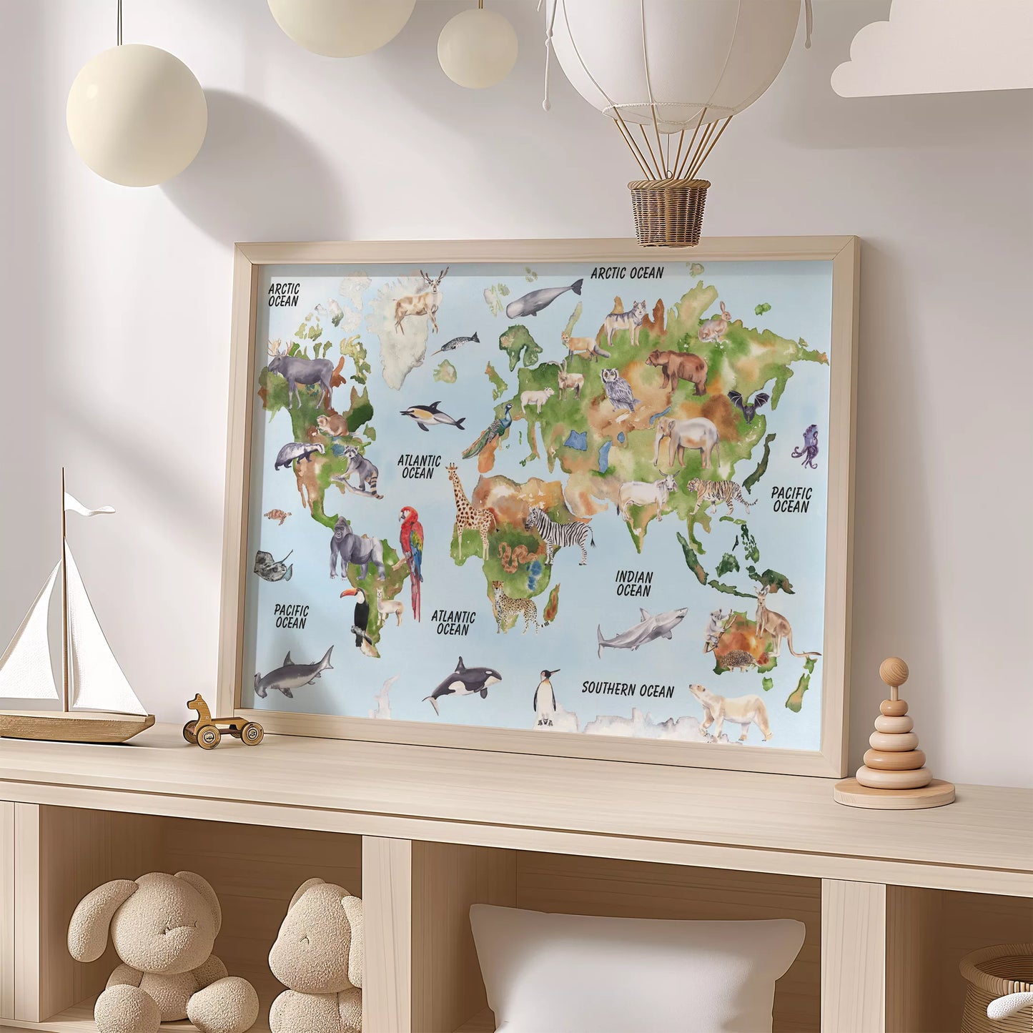 世界中の動物が描かれた楽しいイラスト入り世界地図ポスター