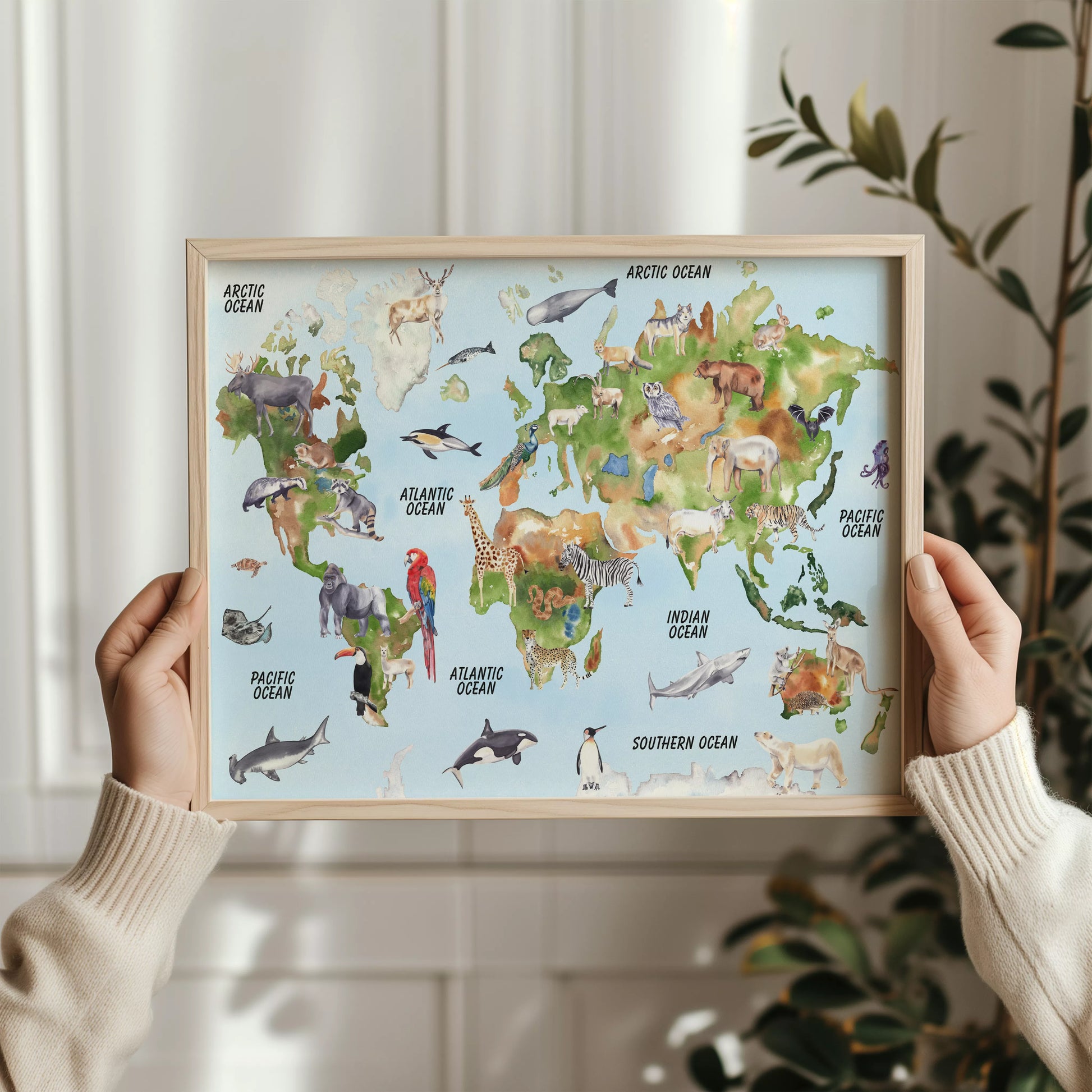 世界中の動物が描かれた楽しいイラスト入り世界地図ポスター