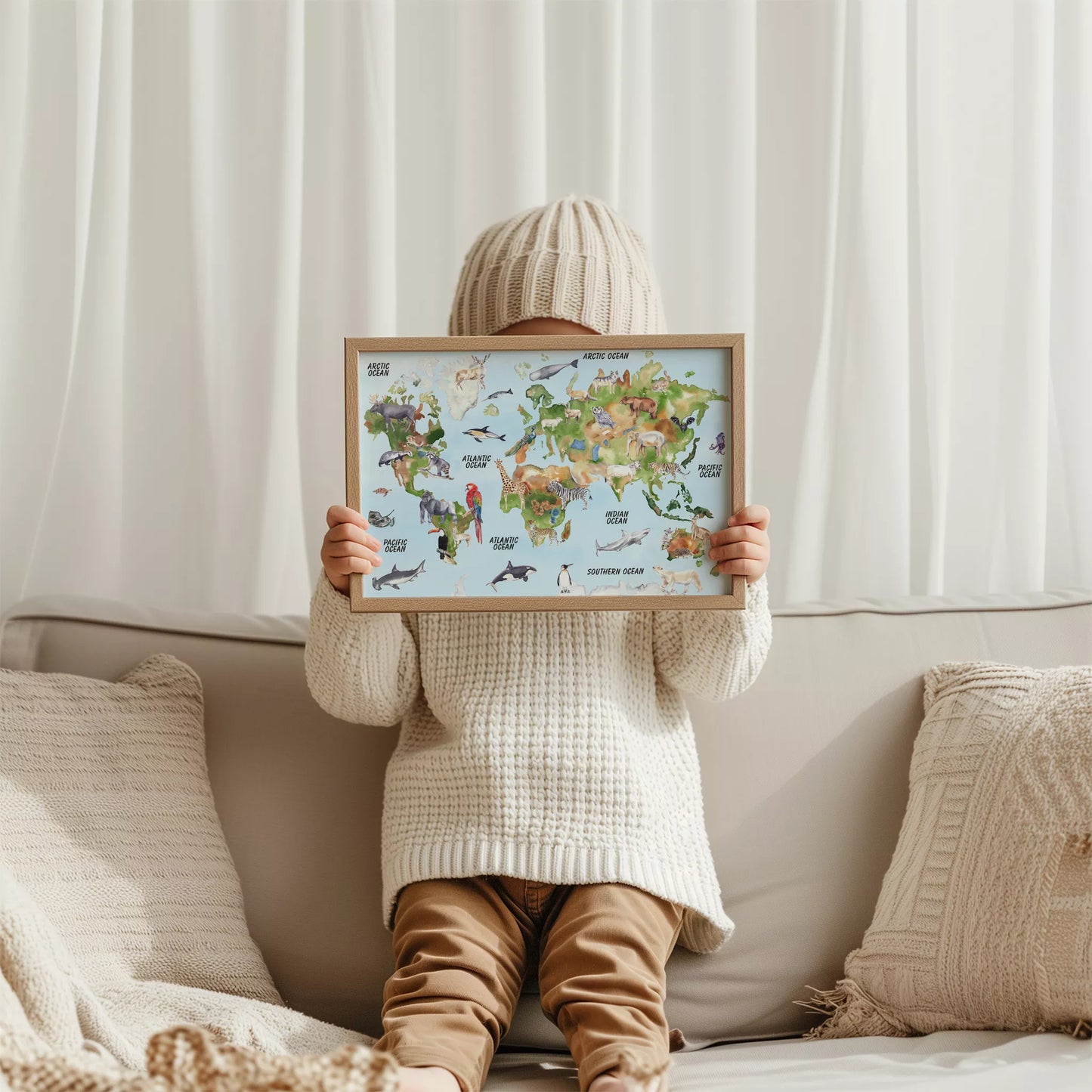 世界中の動物が描かれた楽しいイラスト入り世界地図ポスター