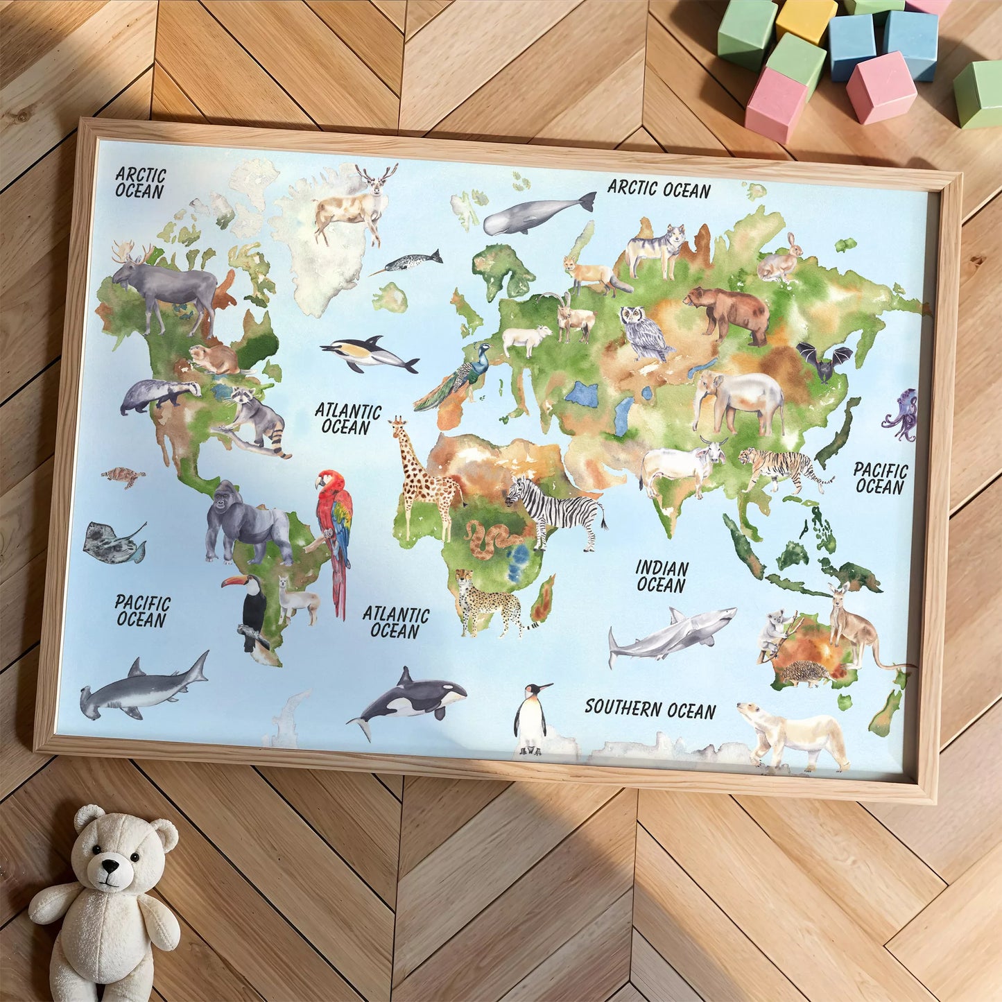 世界中の動物が描かれた楽しいイラスト入り世界地図ポスター