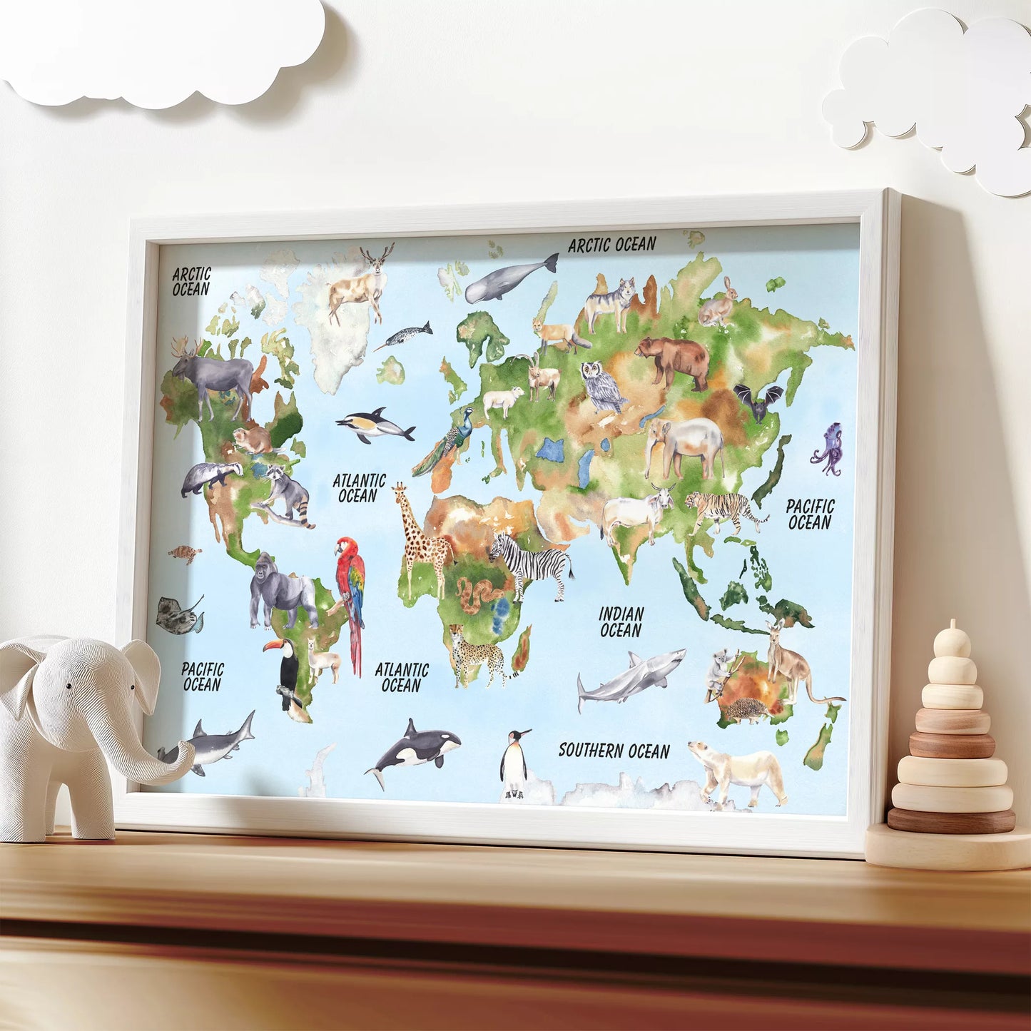 世界中の動物が描かれた楽しいイラスト入り世界地図ポスター