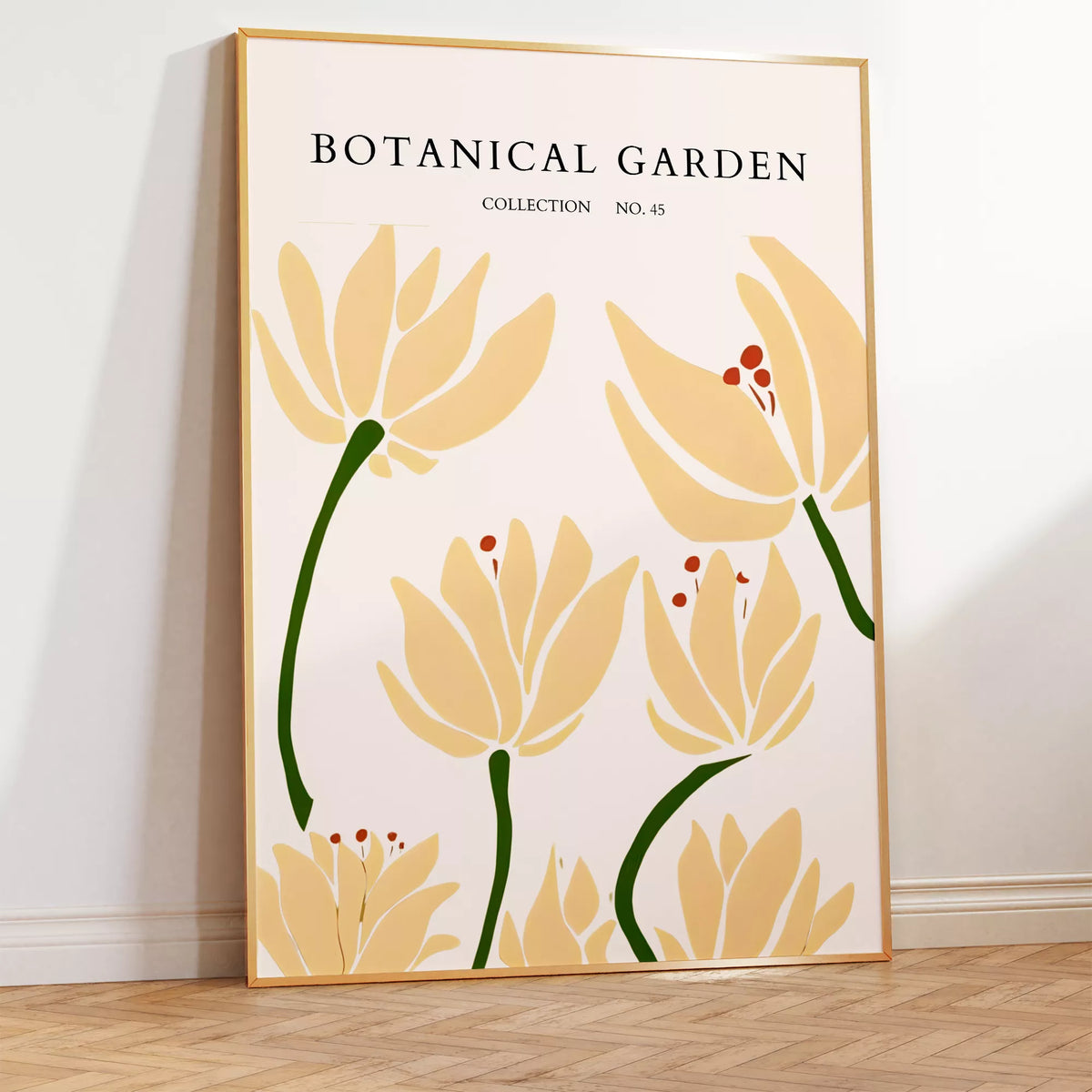 木の床に立て掛けたイエローの花とボタニカルガーデンの英字を配したポスター