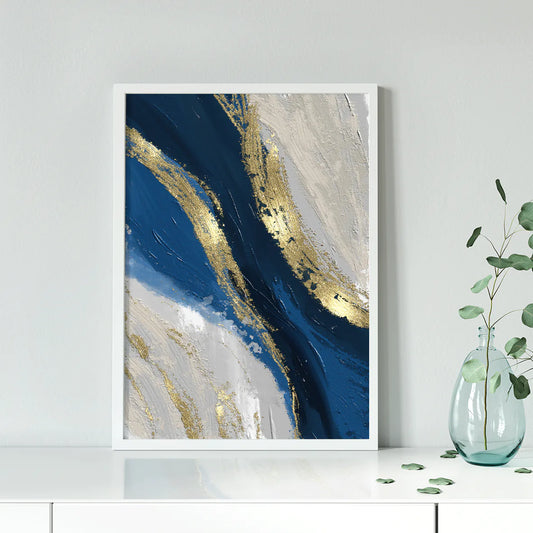 Luxurious abstract painting with indigo and gold leaf details