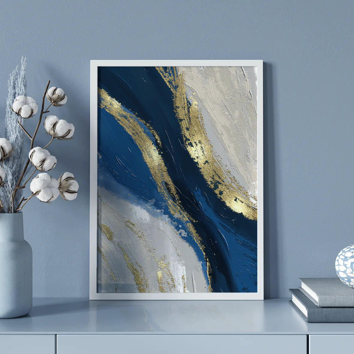 Luxurious abstract painting with indigo and gold leaf details