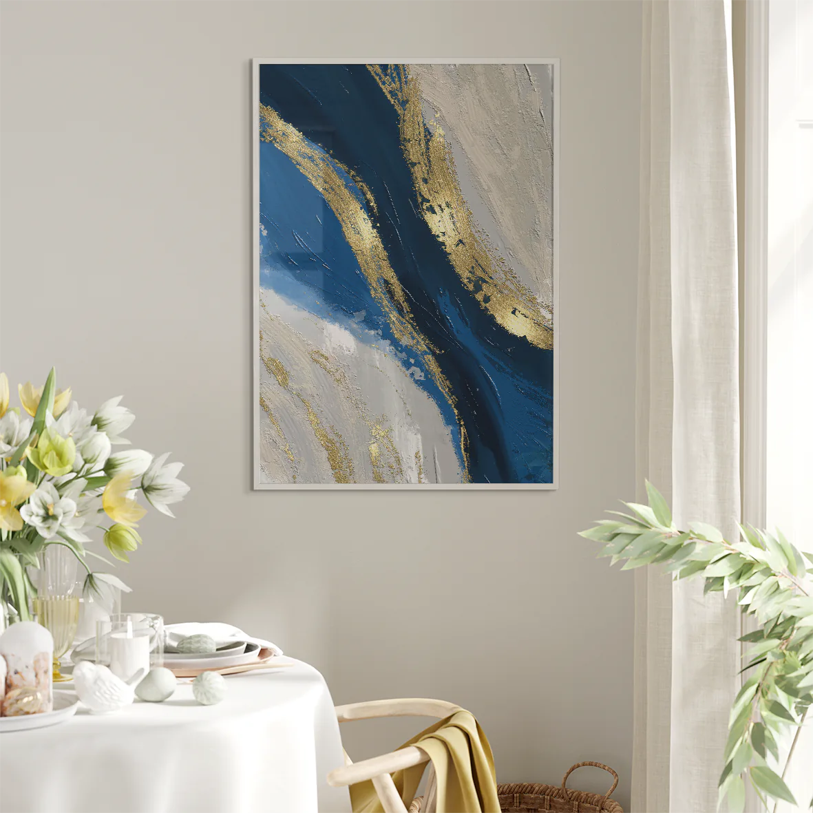 Luxurious abstract painting with indigo and gold leaf details