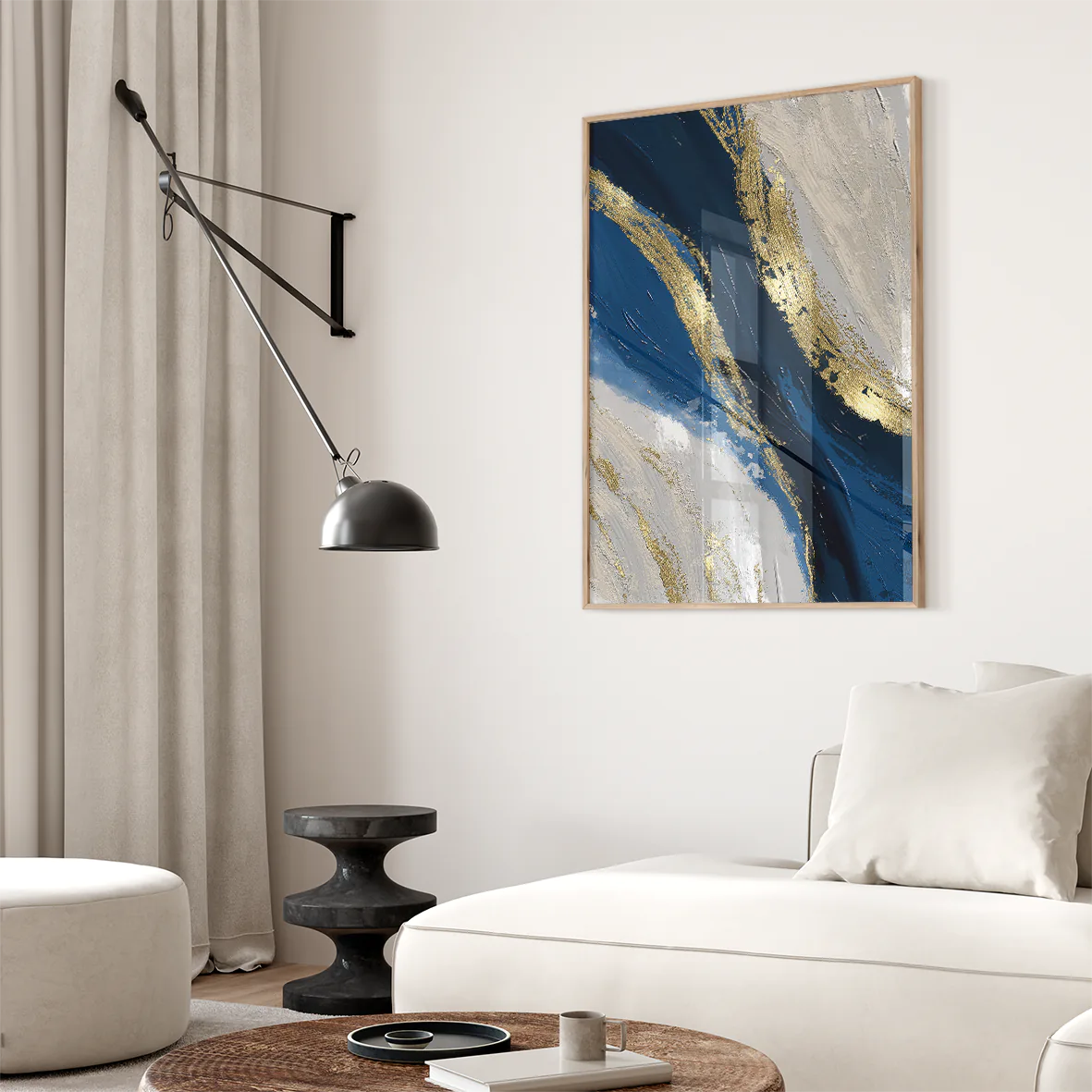 Luxurious abstract painting with indigo and gold leaf details